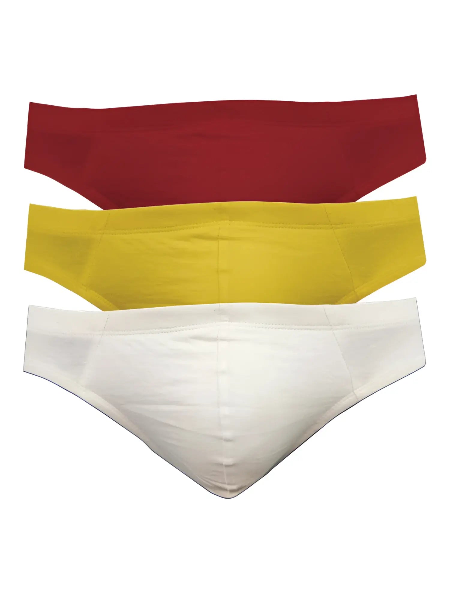 Three pairs of men’s ug contour french briefs in red yellow and white featuring contour design and soft fabric