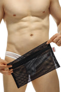 Underwear laundry bag made of black mesh with a black zipper and red brand tag for delicate garment protection
