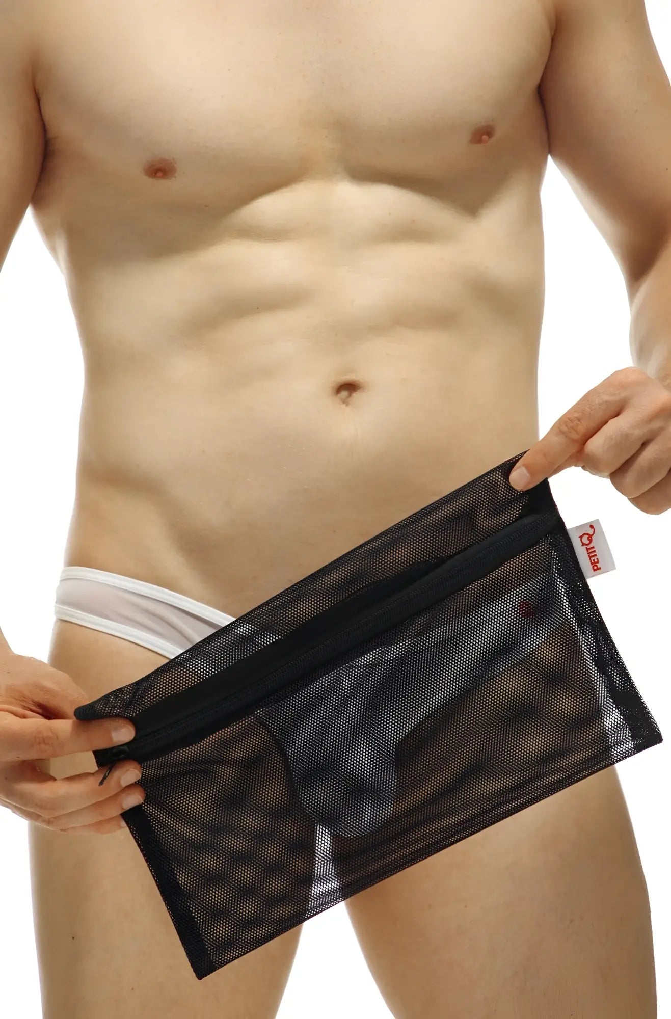Underwear laundry bag made of black mesh with a black zipper and red brand tag for delicate garment protection
