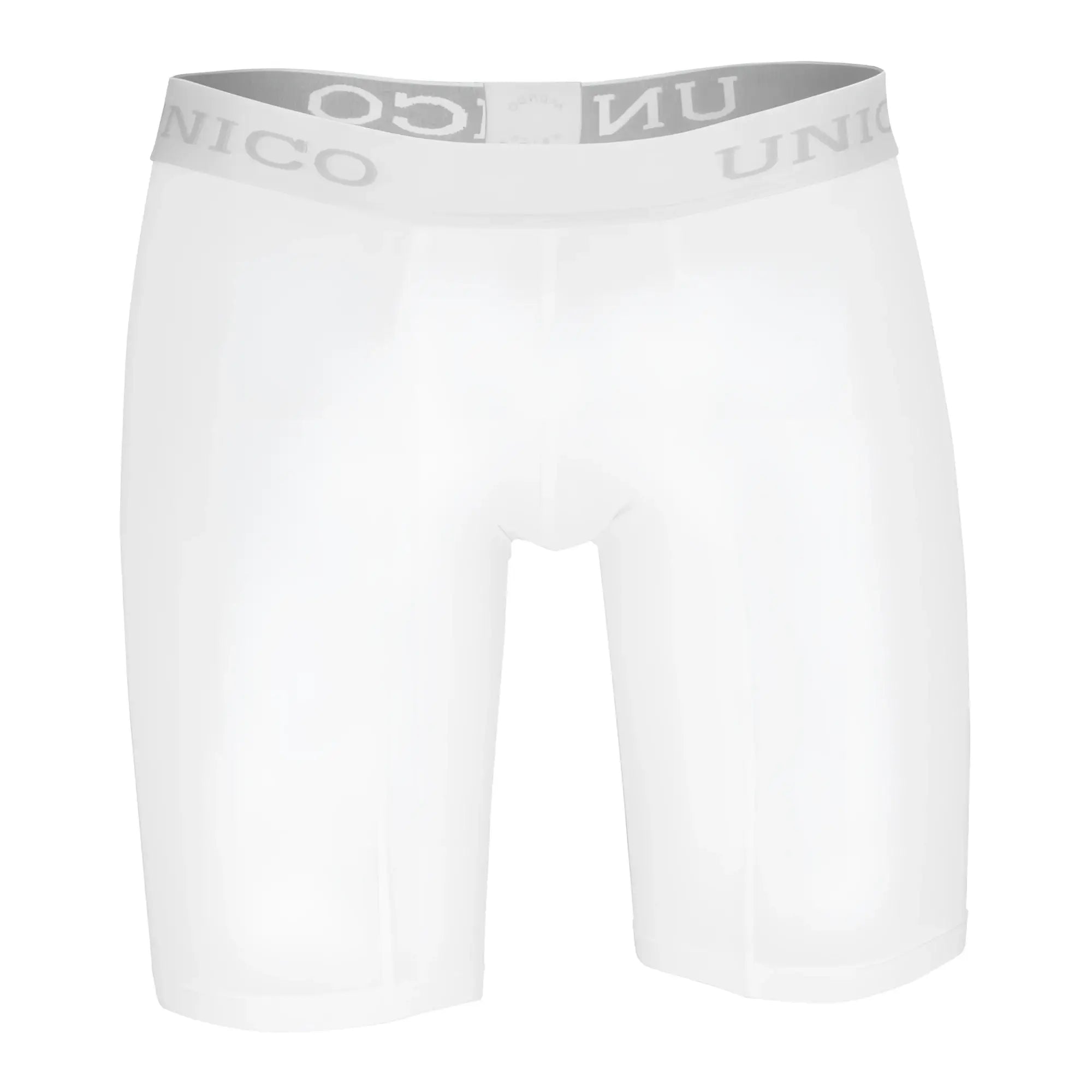 White unico men’s boxer briefs in cristalino microfiber with gray unico logo waistband for comfortable wear