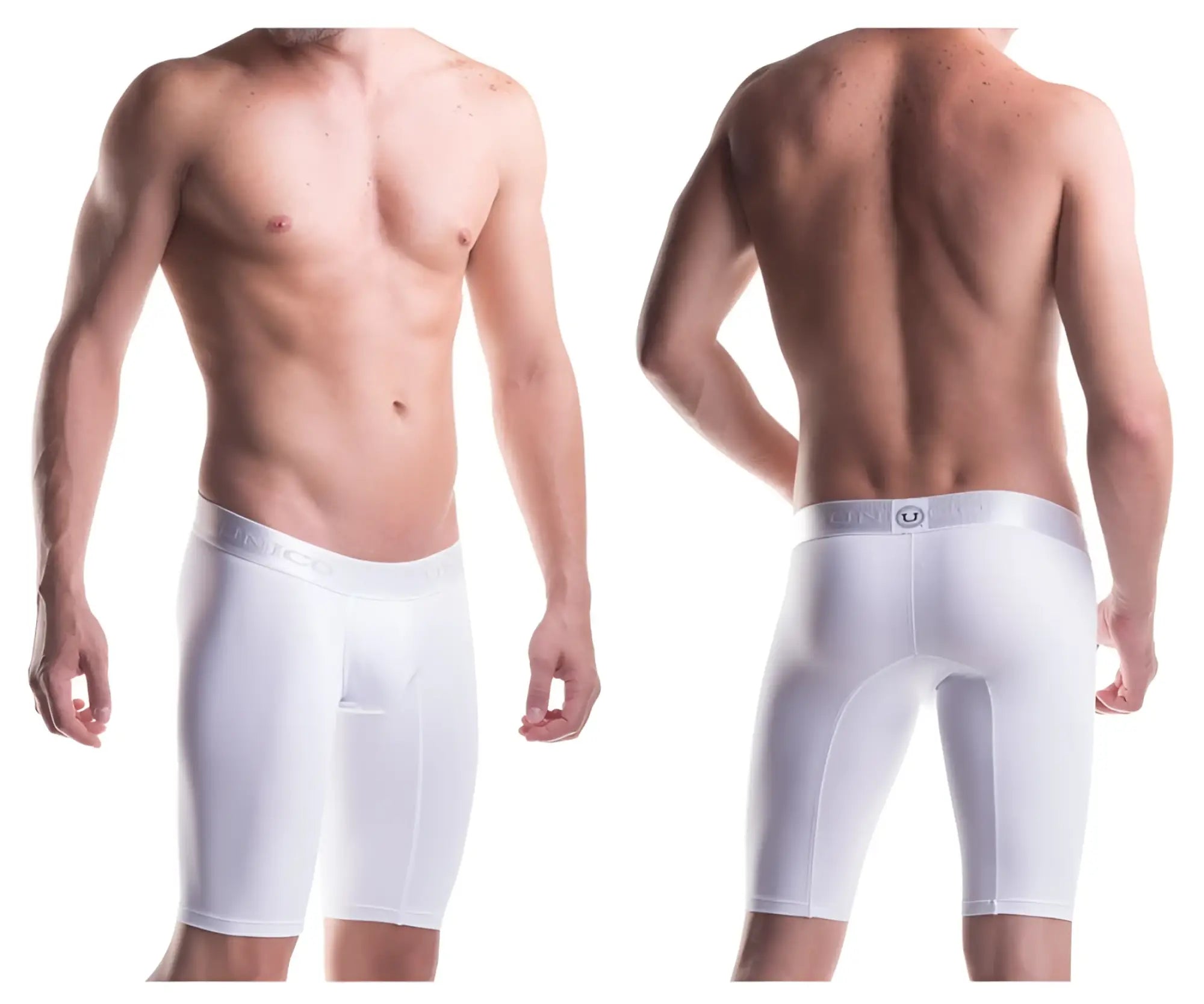 White men’s unico boxer briefs with a snug fit microfiber material and subtle waistband logo in crisp white color