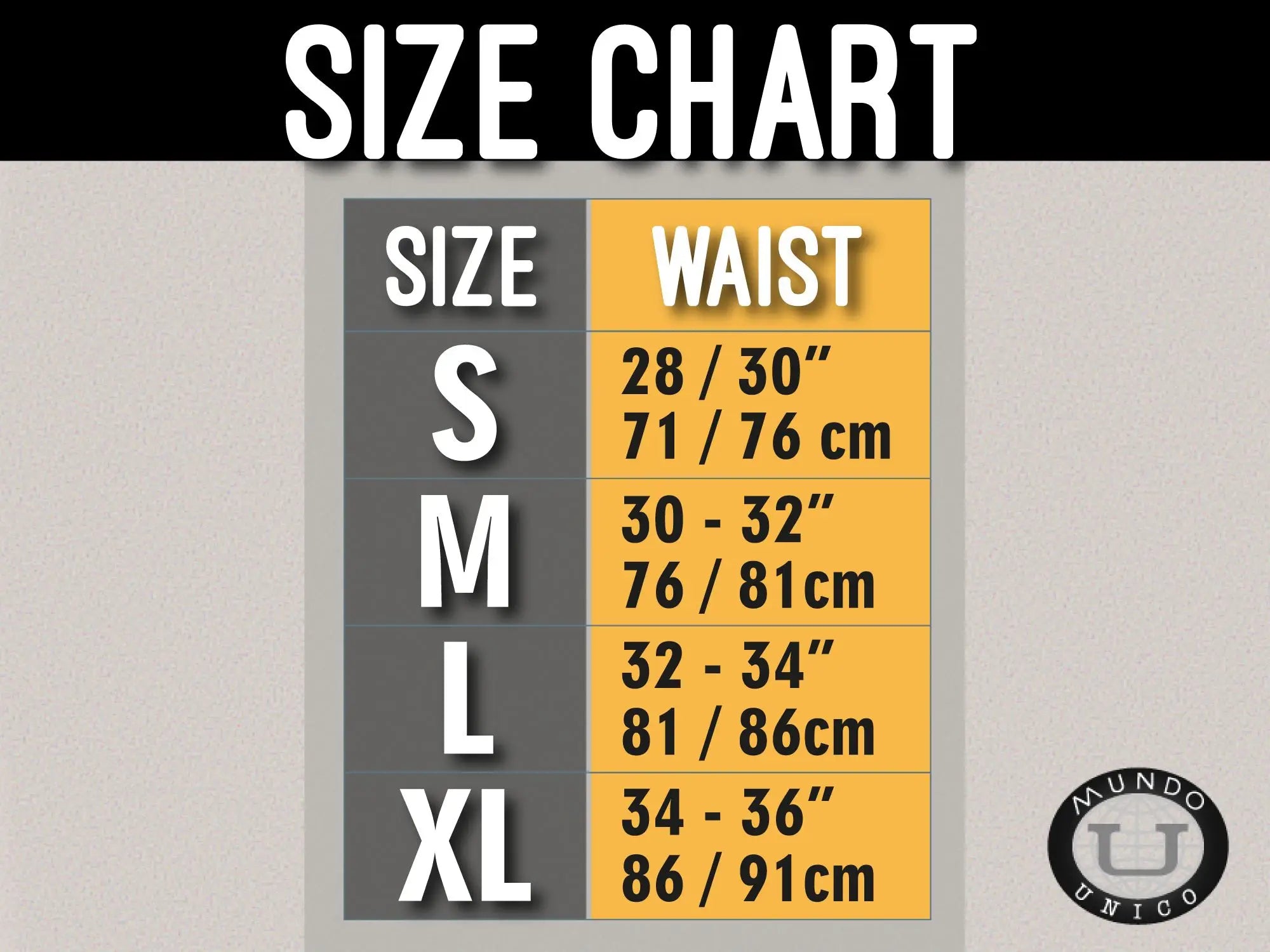 Size chart for mundo unico boxer briefs cristalino microfiber in white showing waist measurements in inches and cm s to xl
