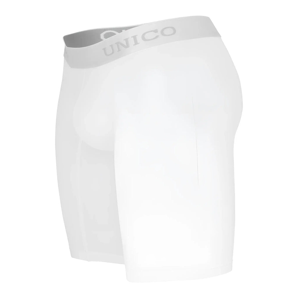 White unico boxer briefs with gray waistband featuring brand name made from cristalino microfiber fabric