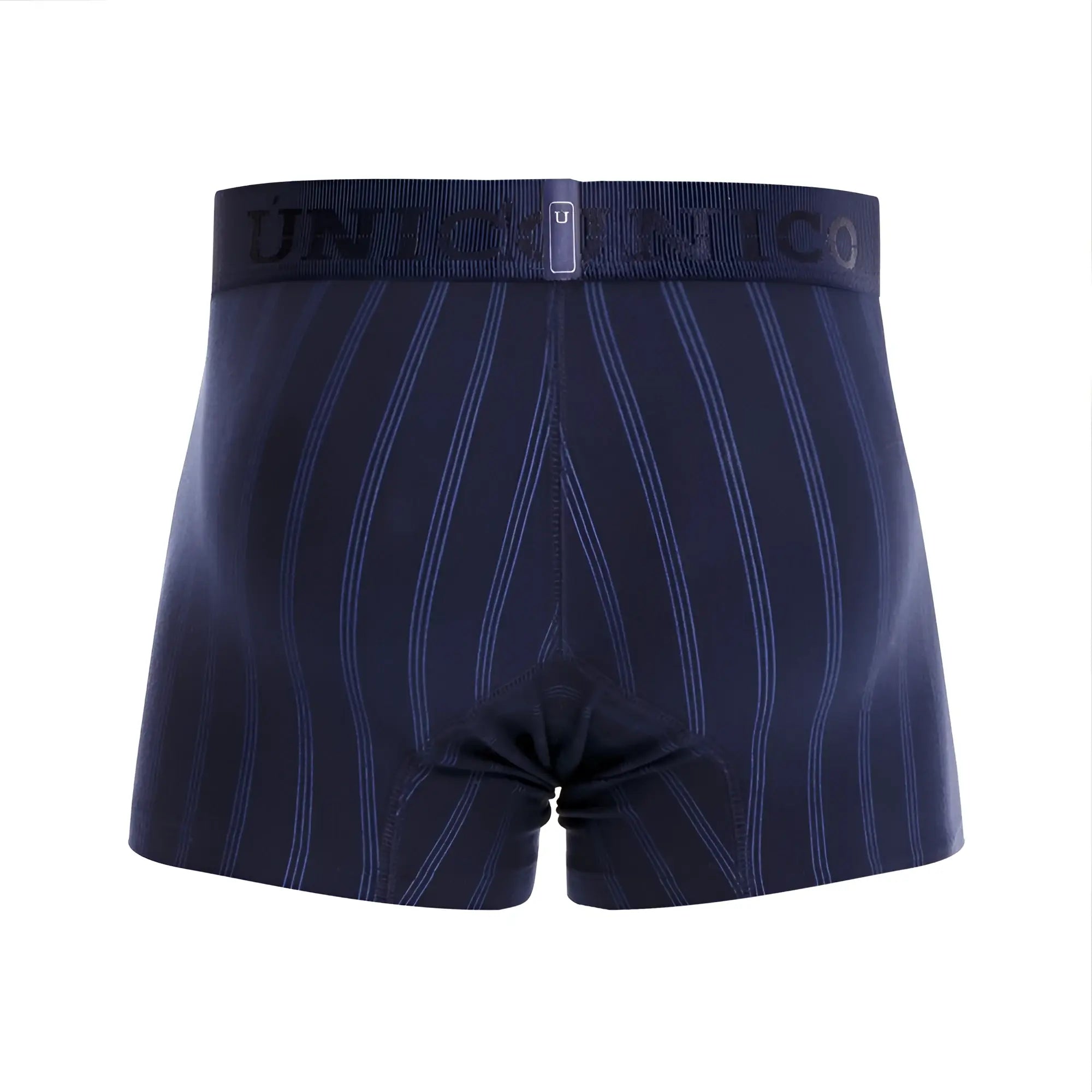 Navy blue Unico 22100100103 Senda trunks boxer briefs with subtle vertical pinstripes and branded elastic waistband