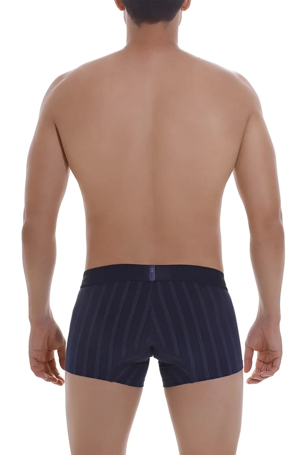 Navy blue striped boxer briefs with subtle pinstripe pattern and branded waistband tag by unico model 22100100103