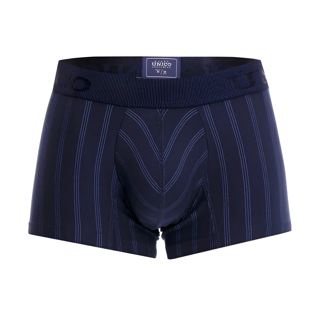 Navy blue striped men’s boxer briefs with subtle white pinstripes and reinforced stitching unico 22100100103 senda trunks