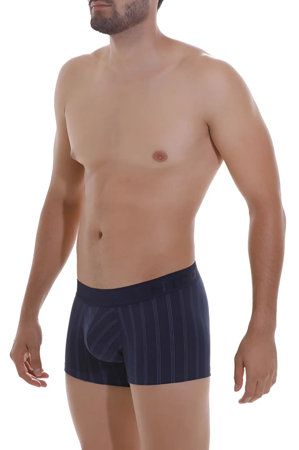 Navy blue striped men’s boxer briefs with contoured pouch and elastic waistband from Unico Senda trunks