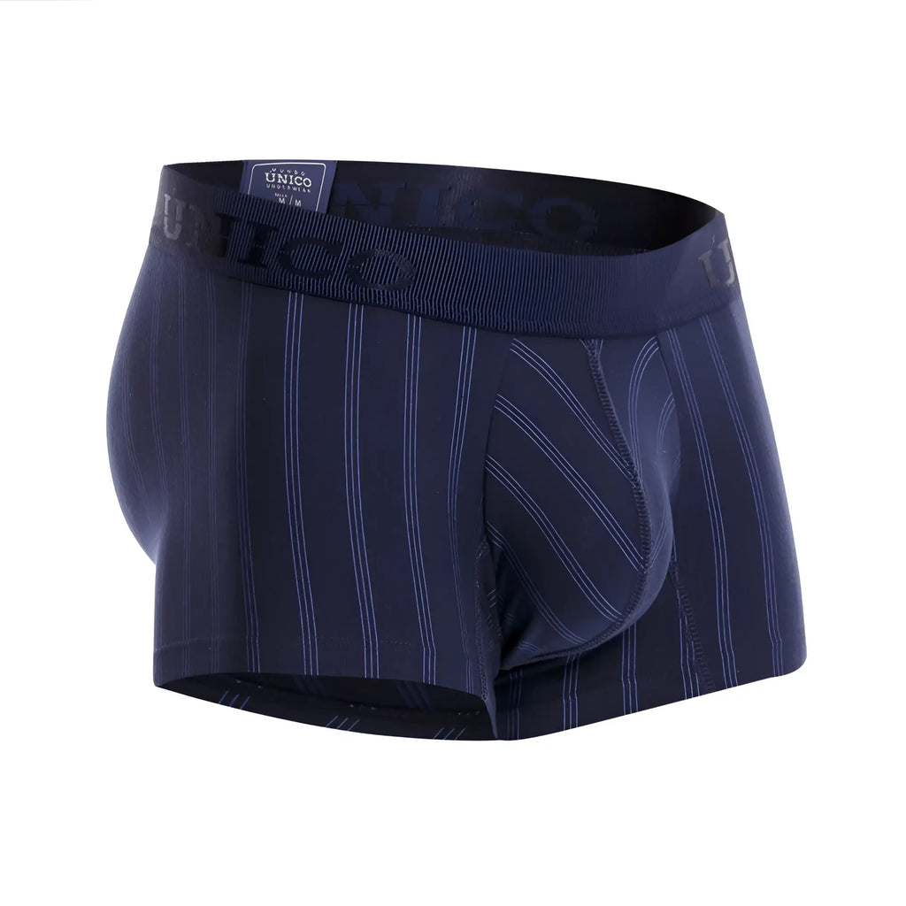 Dark blue pinstripe boxer briefs with subtle white stripes and unico elastic waistband labeled 22100100103 senda trunks
