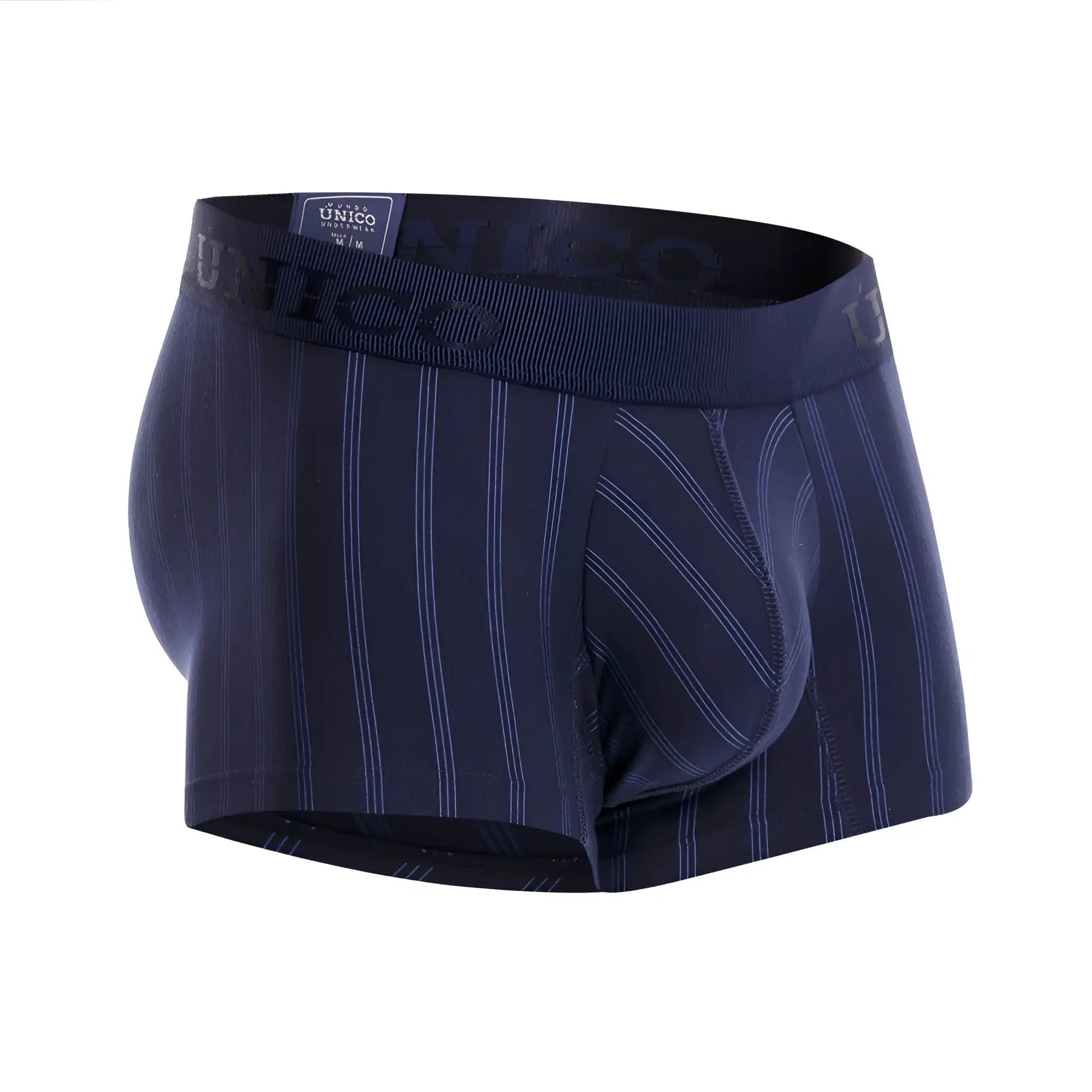 Dark blue pinstripe boxer briefs with subtle white stripes and unico elastic waistband labeled 22100100103 senda trunks