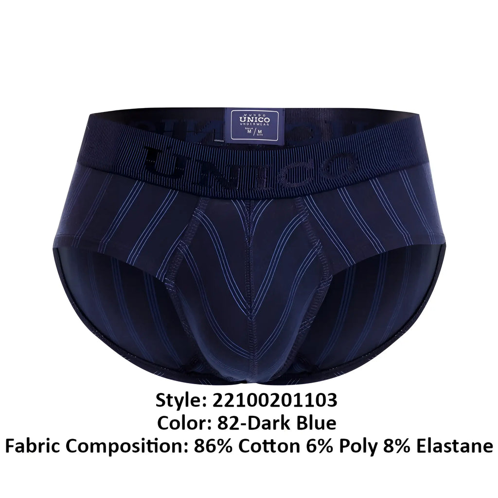 Dark blue men’s unico 22100201103 senda briefs with subtle vertical pinstripes and ribbed waistband label