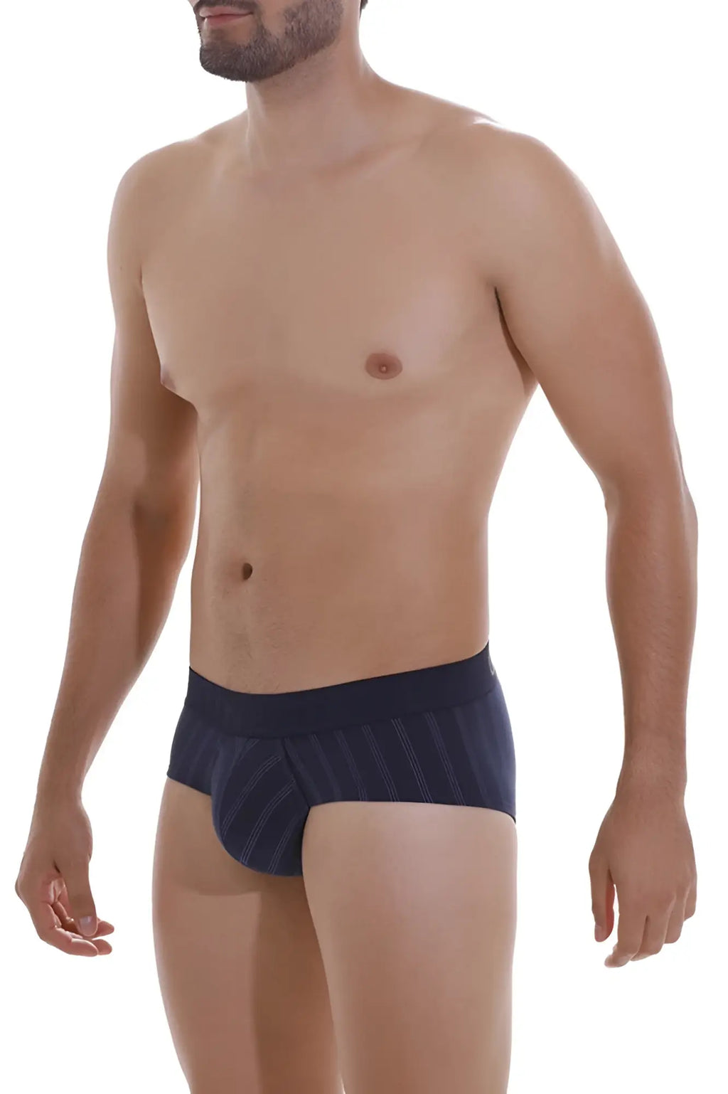 Dark blue men’s briefs unico 22100201103 senda briefs with subtle vertical pinstripes, front view
