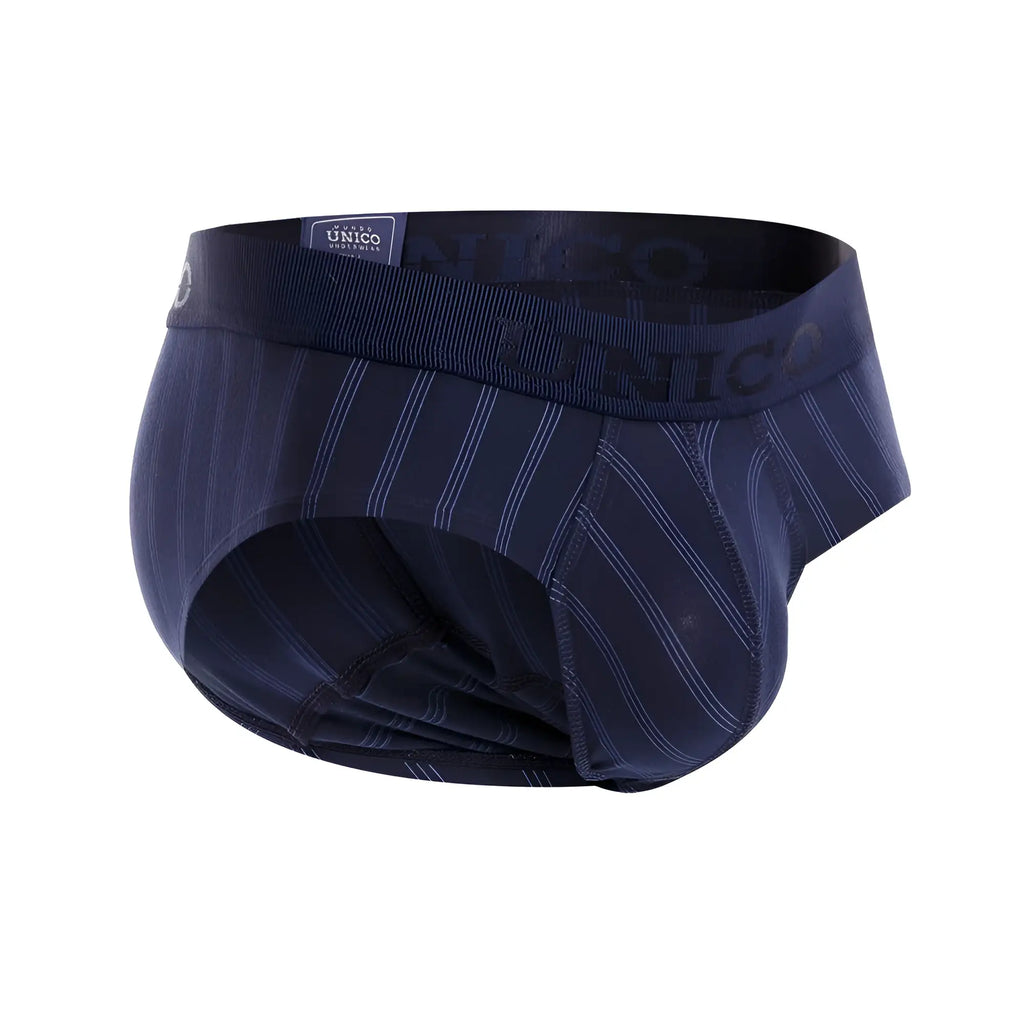 Navy blue Unico Senda briefs with ribbed elastic waistband and subtle white vertical pinstripes in dark blue color