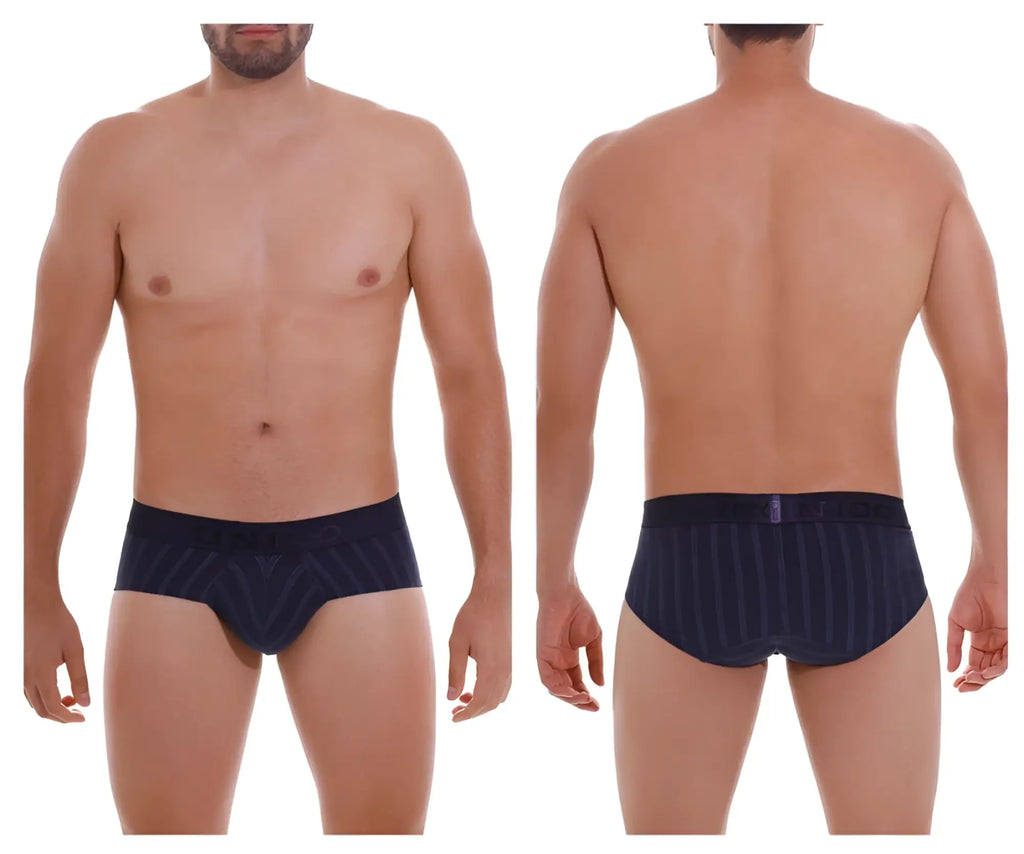 Unico Senda briefs in dark blue navy pinstripe with textured pattern and elastic waistband for comfortable wear