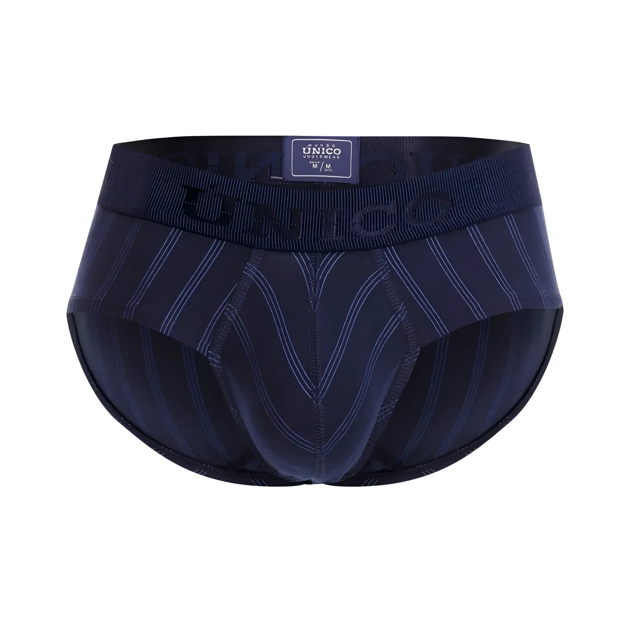 Navy blue unico senda briefs with ribbed elastic waistband and subtle white pinstripes model 22100201103 color 82