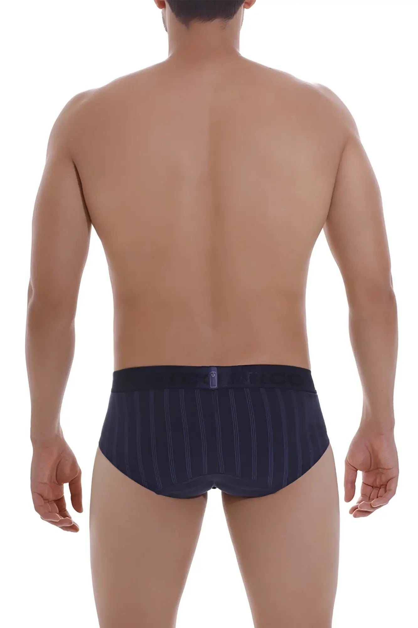 Unico senda briefs in dark blue feature dark navy stripes with a subtle vertical pinstripe and matching elastic waistband