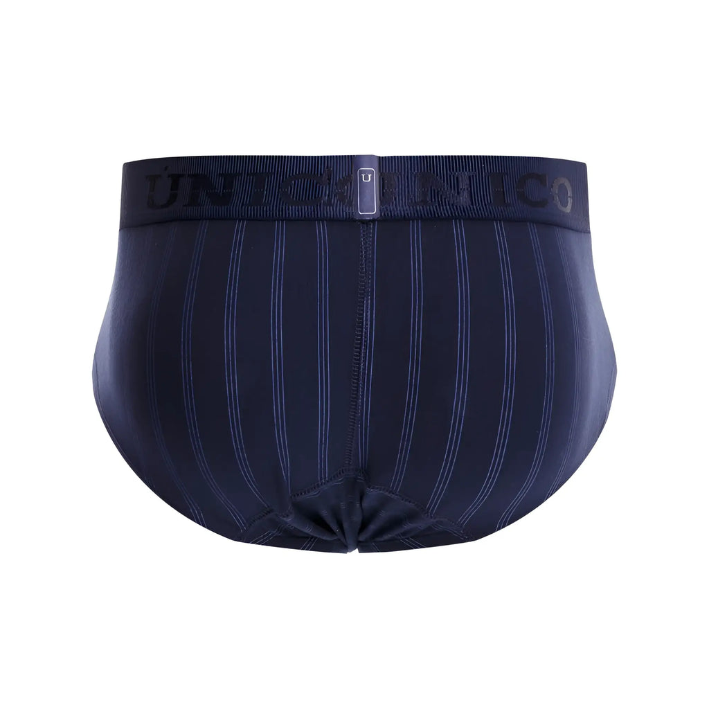 Unico 22100201103 senda briefs in navy blue with white pinstripes and an elastic waistband branded uniformico
