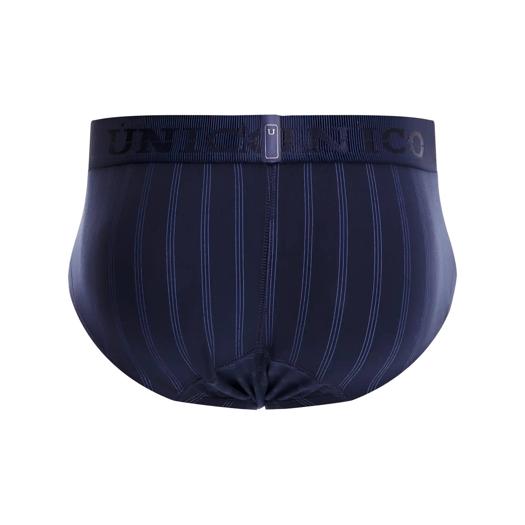 Unico 22100201103 senda briefs in navy blue with white pinstripes and an elastic waistband branded uniformico