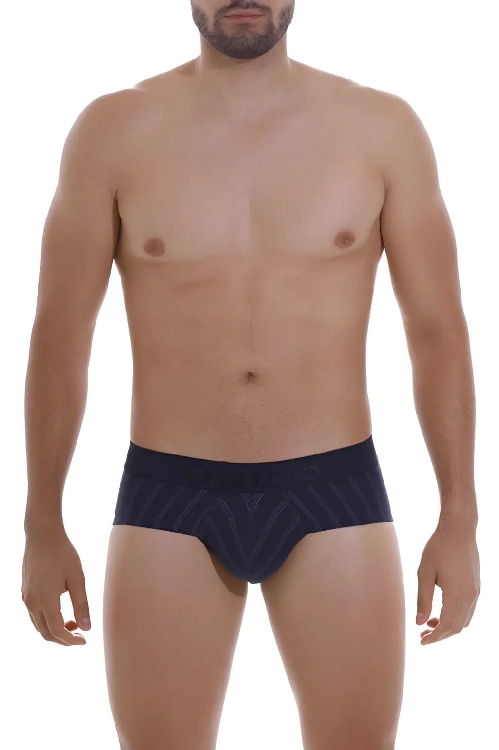 Dark navy unico senda briefs with subtle geometric pattern made from soft breathable fabric for everyday comfort