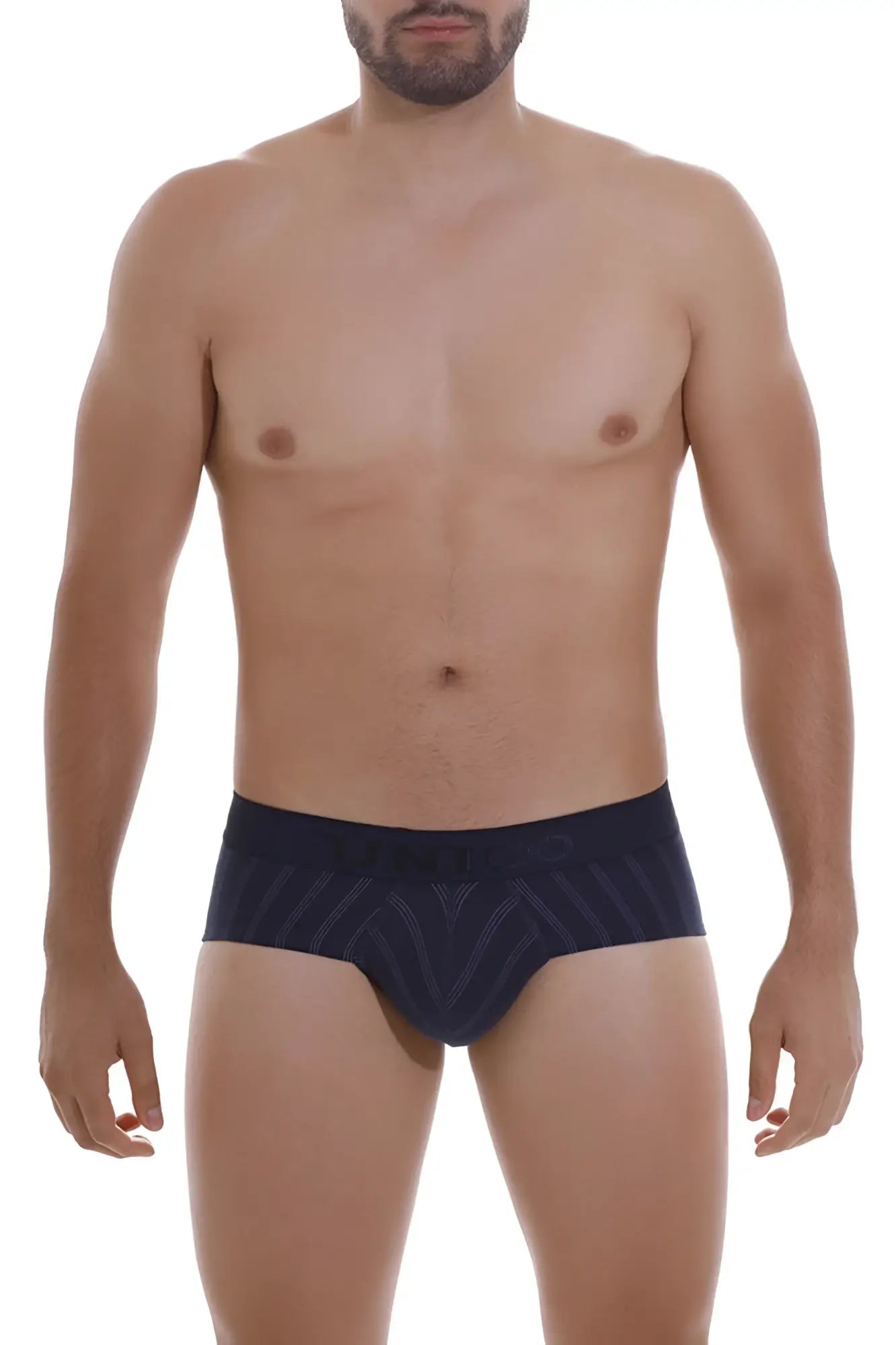 Dark navy unico senda briefs with subtle geometric pattern made from soft breathable fabric for everyday comfort