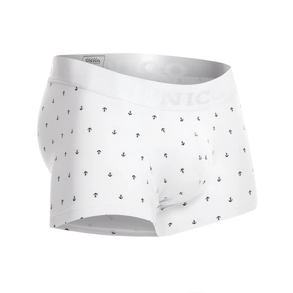White men’s briefs with black anchor pattern and unico branded elastic waistband in color 29 white