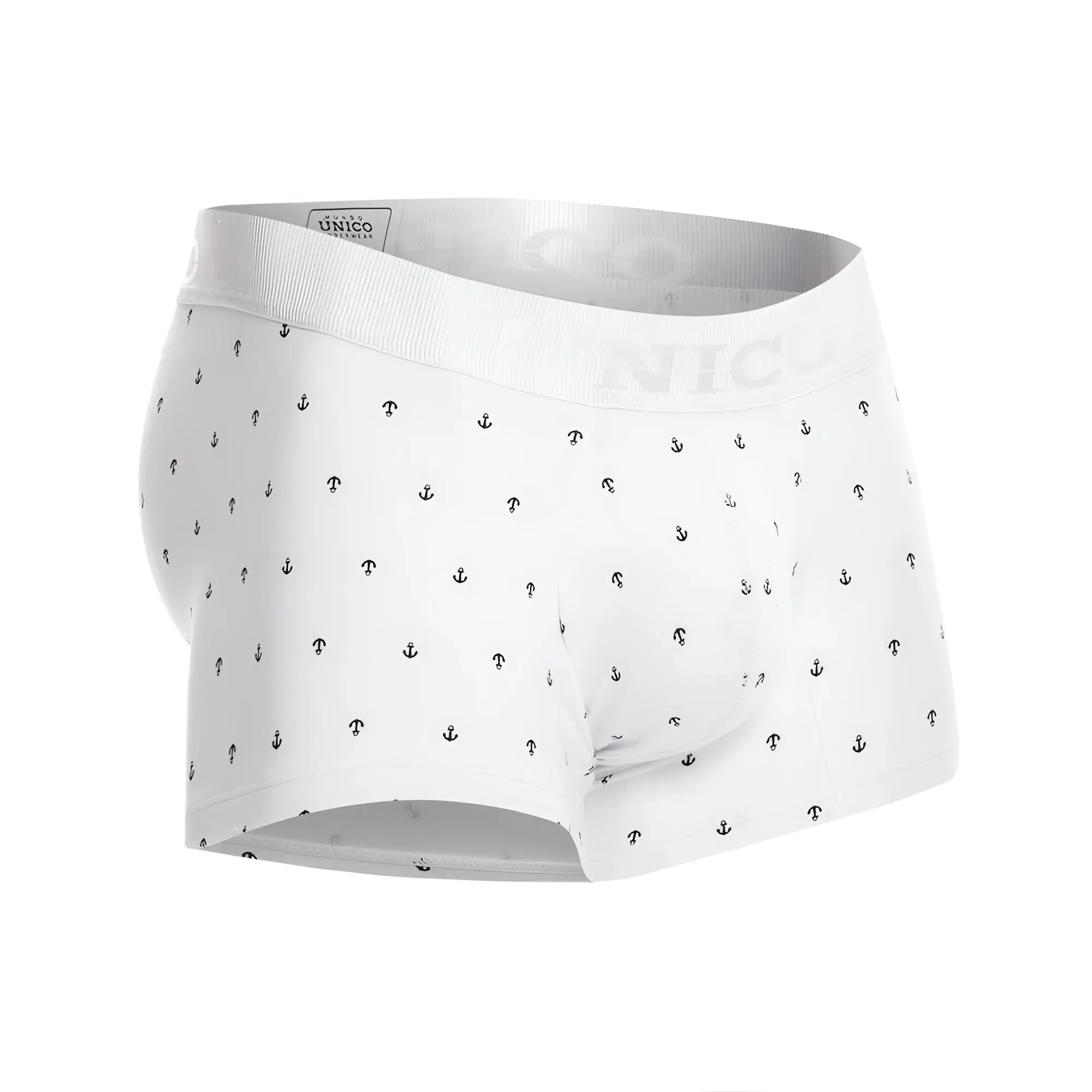 White men’s briefs with black anchor pattern and unico branded elastic waistband in color 29 white