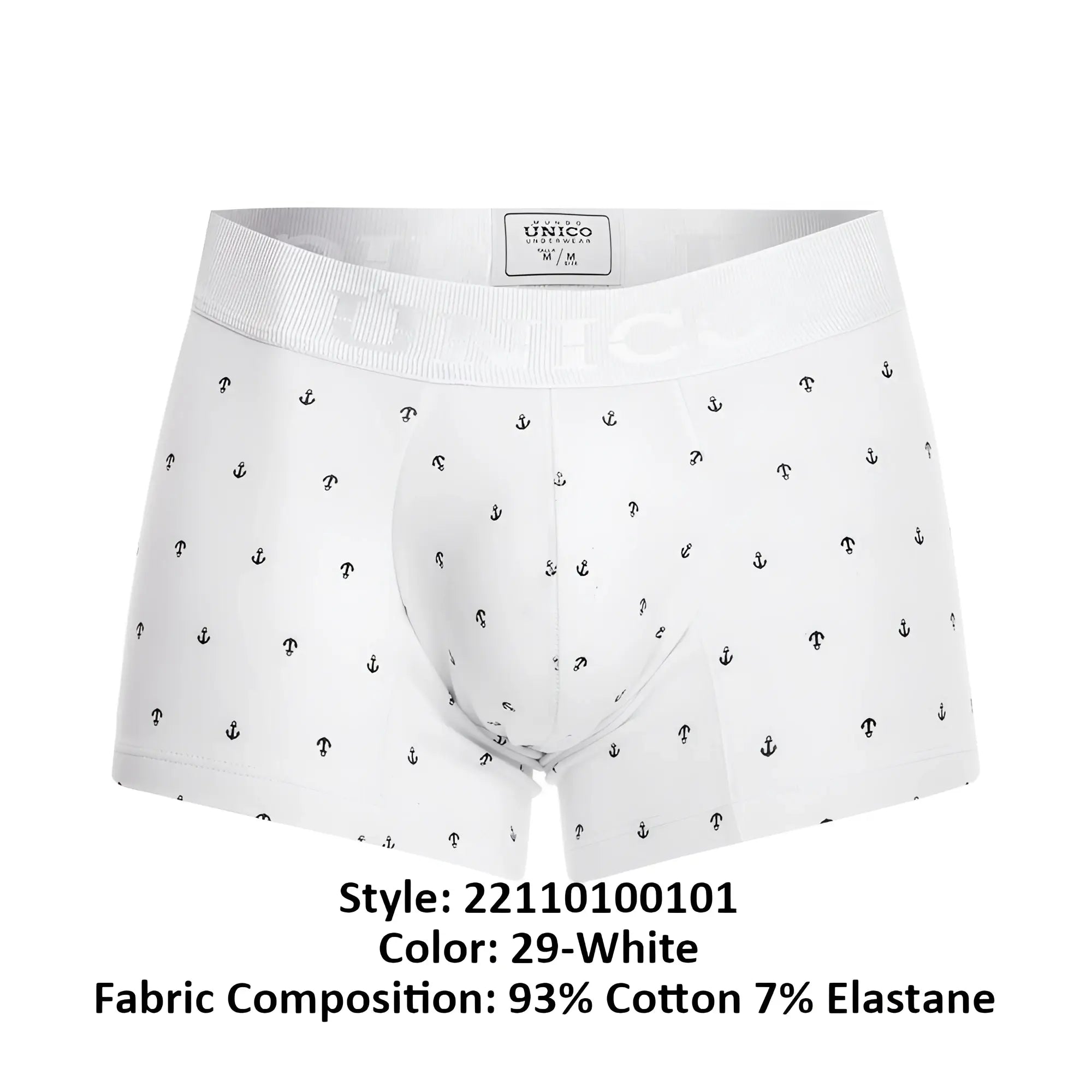 White men’s boxer briefs unico 22110100101 naviero trunks color 29-white with black anchor and question mark pattern made of 93 cotton 7 elastane
