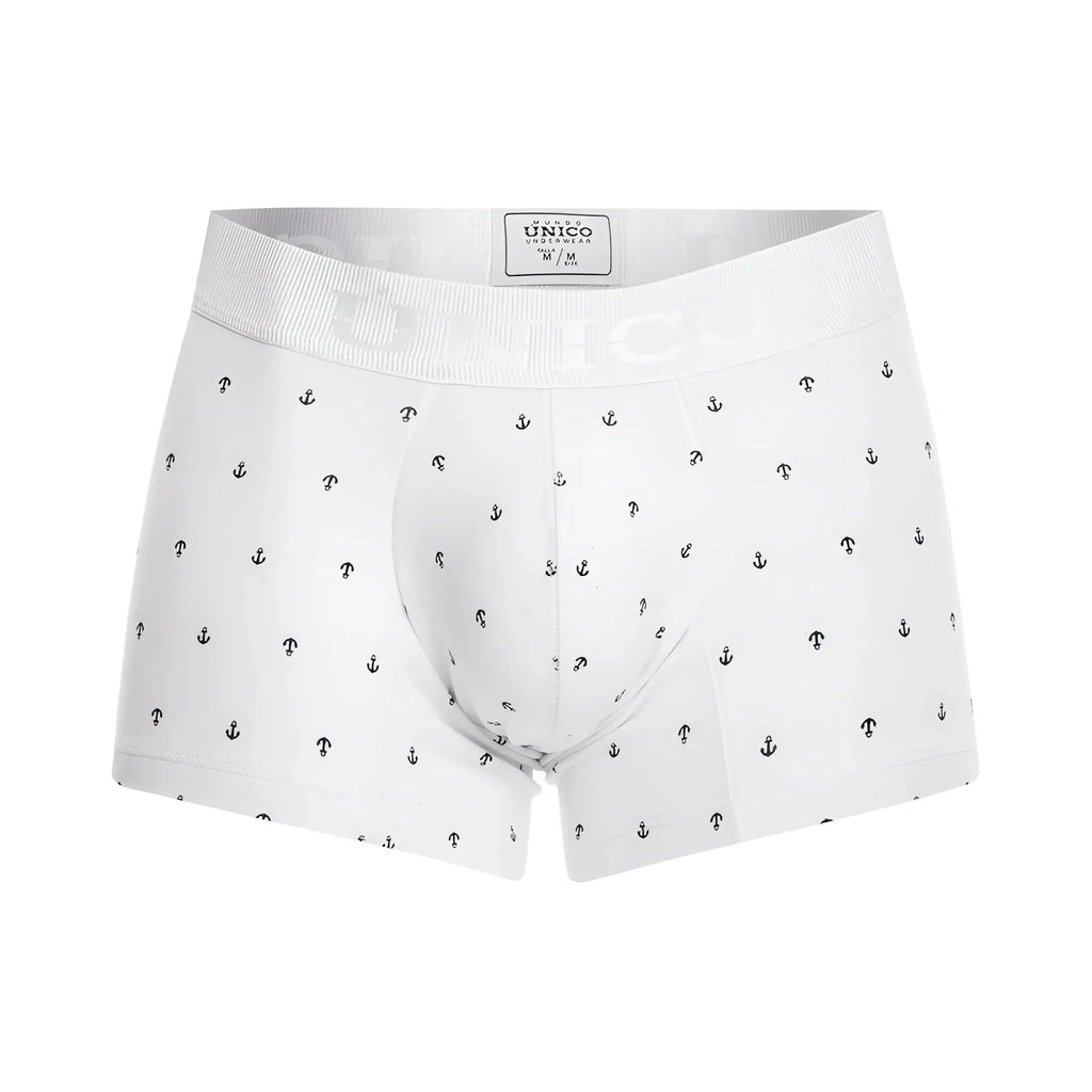 White unico men’s briefs with subtle black anchor and t pattern in fabric from unico 22110100101 naviero trunks color 29-white