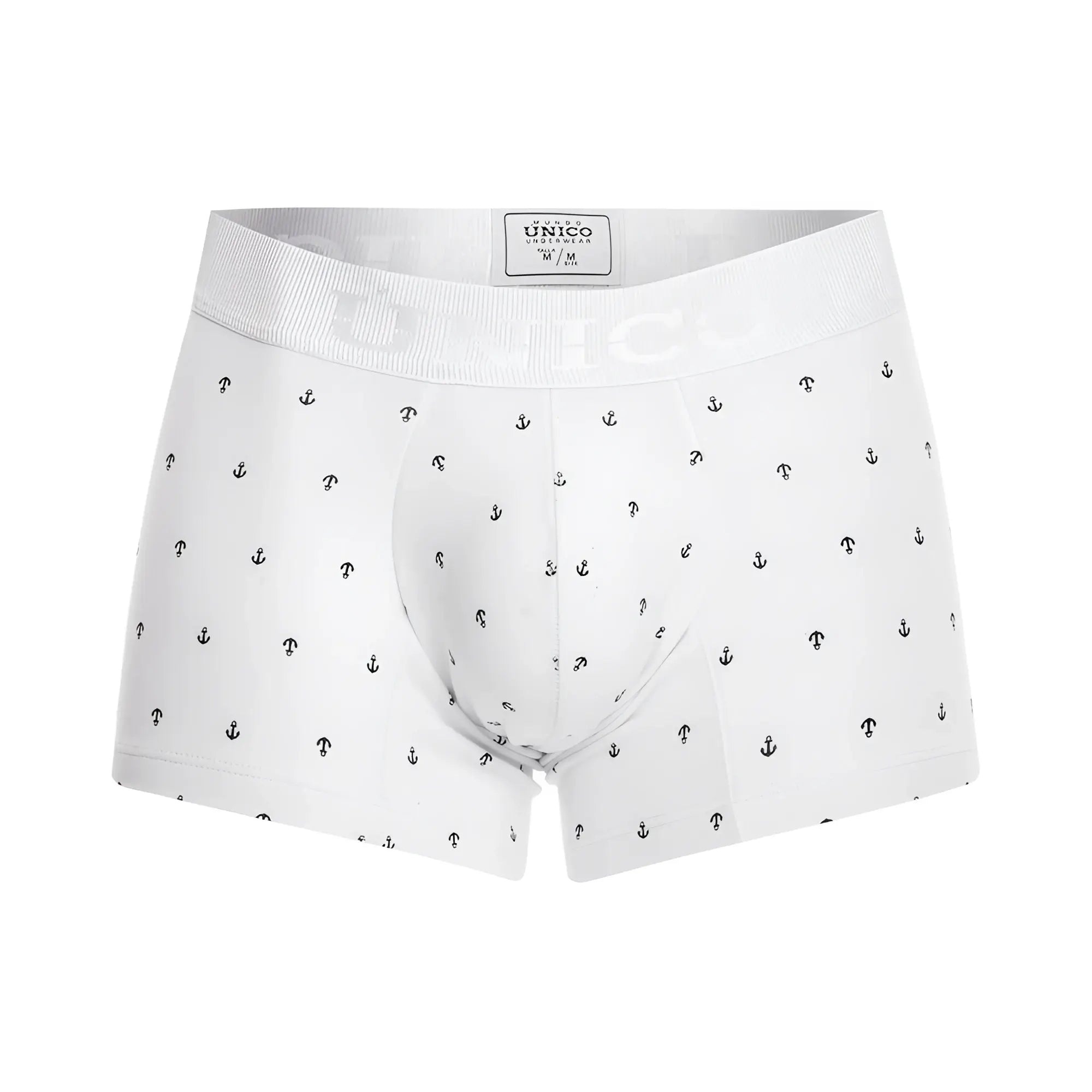 White unico men’s briefs with subtle black anchor and t pattern in fabric from unico 22110100101 naviero trunks color 29-white