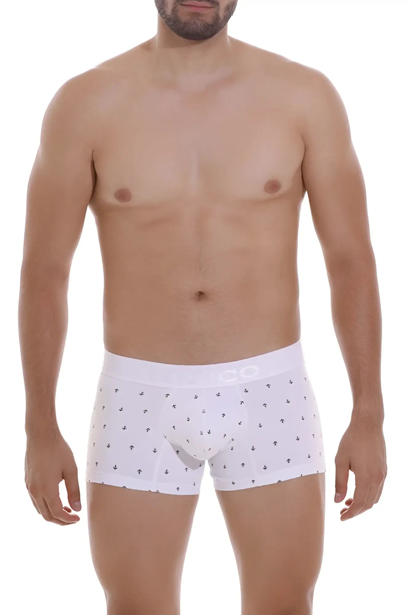 White men’s briefs unico 22110100101 naviero trunks color 29 with subtle black anchor pattern on white fabric