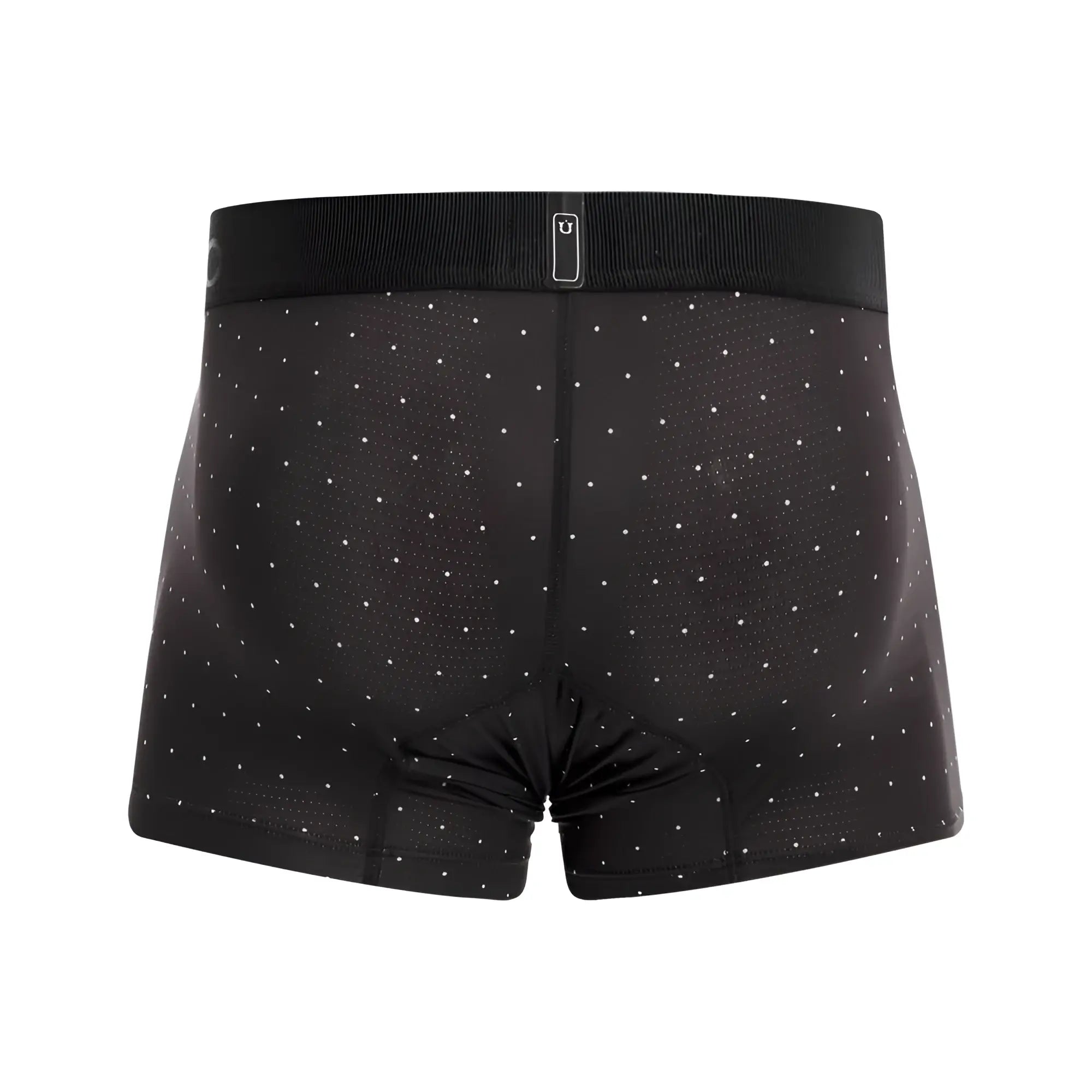 Black boxer briefs with subtle white dot pattern and ribbed waistband with small rectangular logo unic 22110100103 astros trunks