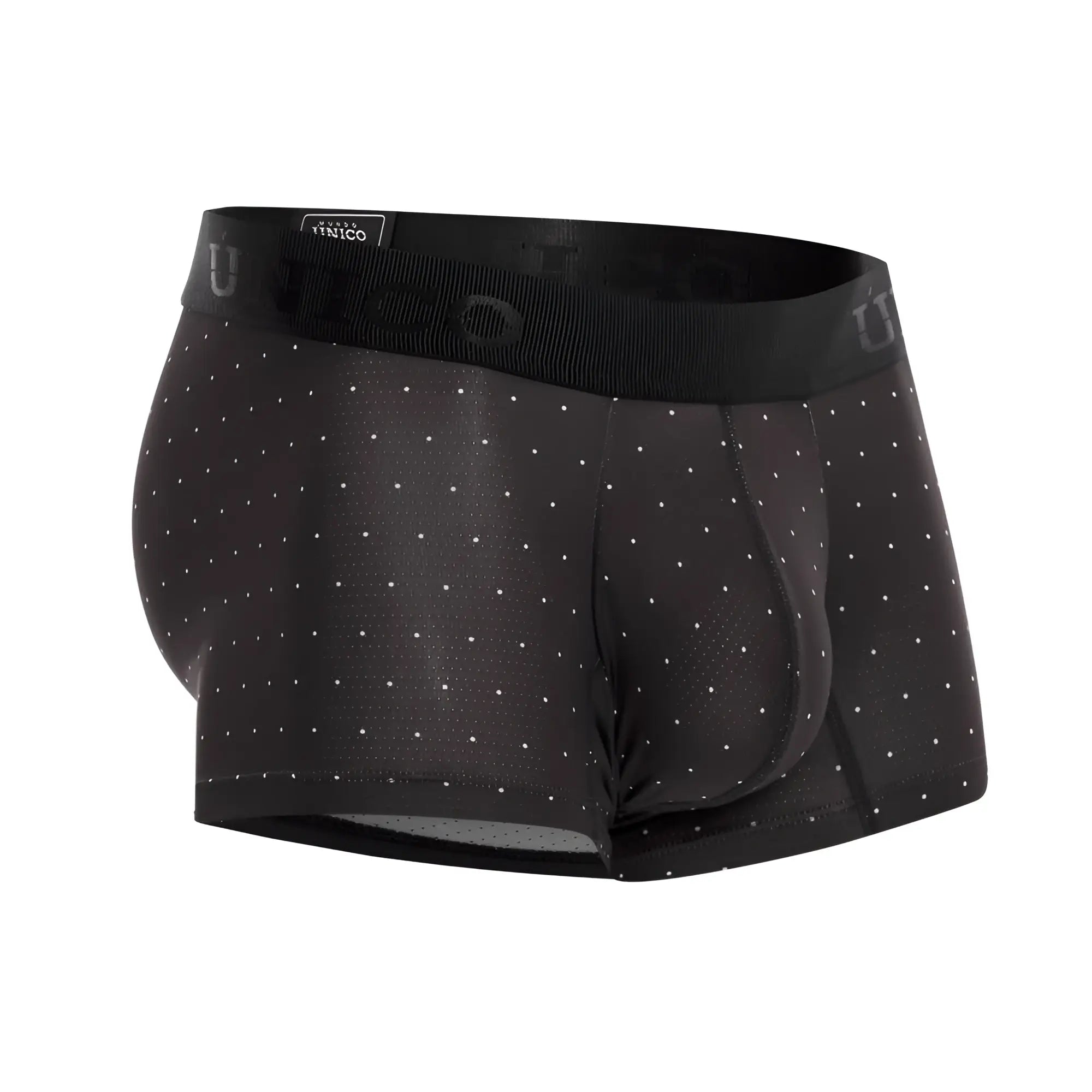 Black men’s boxer briefs with subtle white polka dots and branded elastic waistband unico 22110100103 astros trunks