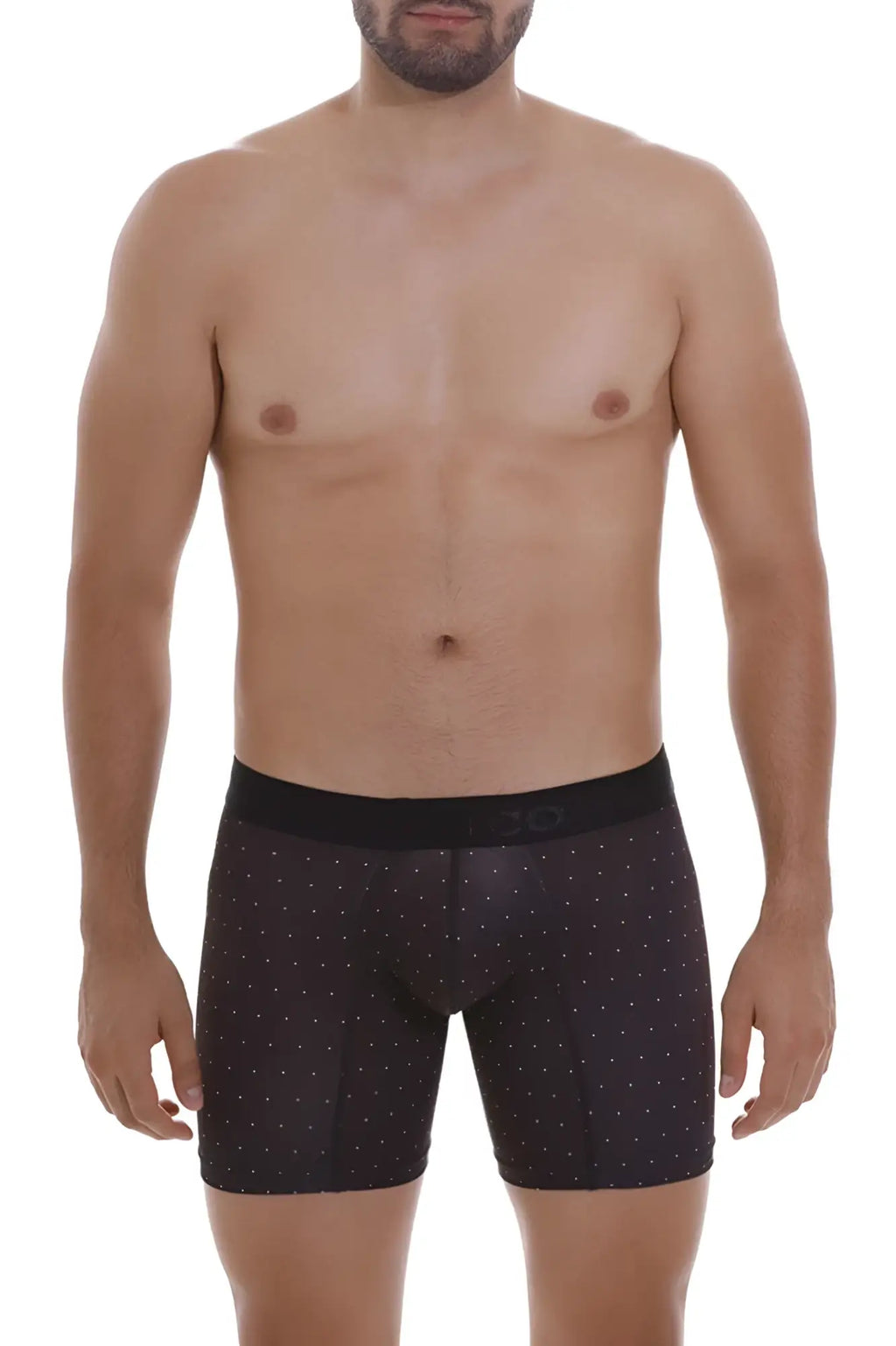 Black Unico Astros boxer briefs with small white dot pattern and matching black waistband featuring 3d logo