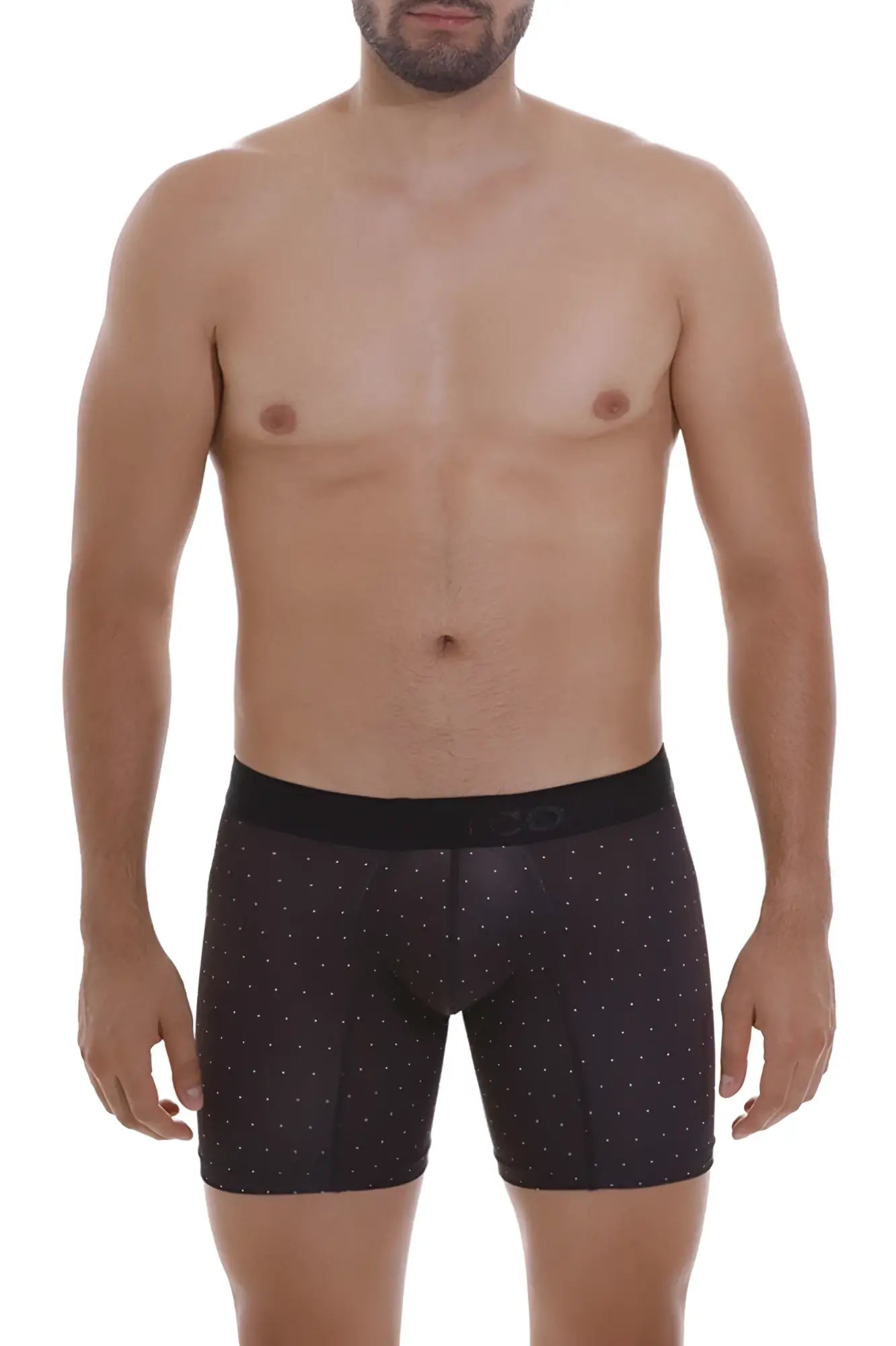 Black Unico Astros boxer briefs with small white dot pattern and matching black waistband featuring 3d logo