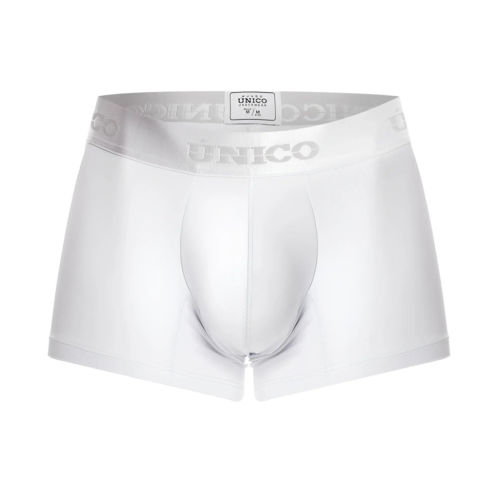 White unico men’s boxer briefs with silver logo trim on waistband in cristalino a22 trunks color 00-white