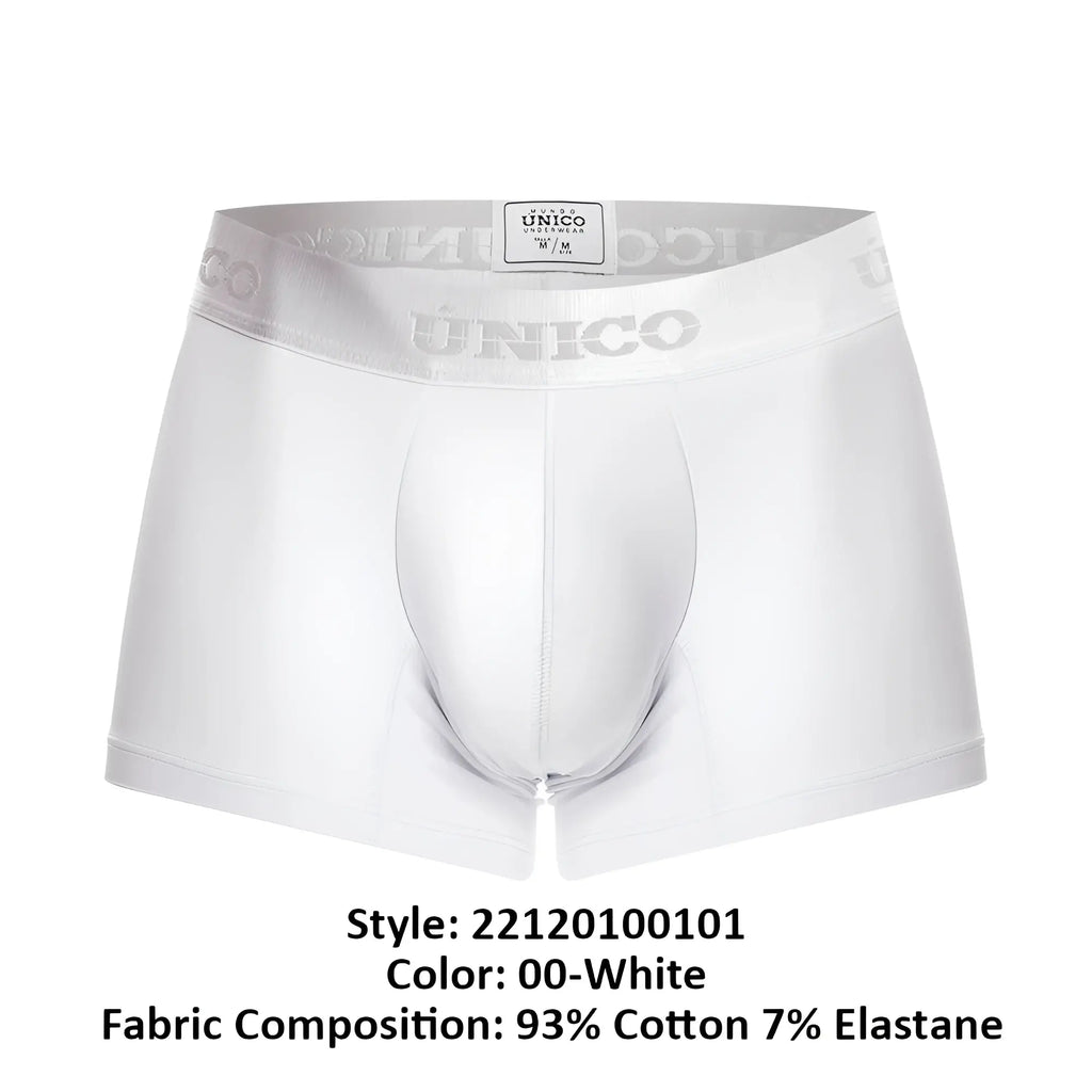 White unico men’s boxer briefs with subtle embossed logo on elastic waistband in color white model cristalino a22 trunks