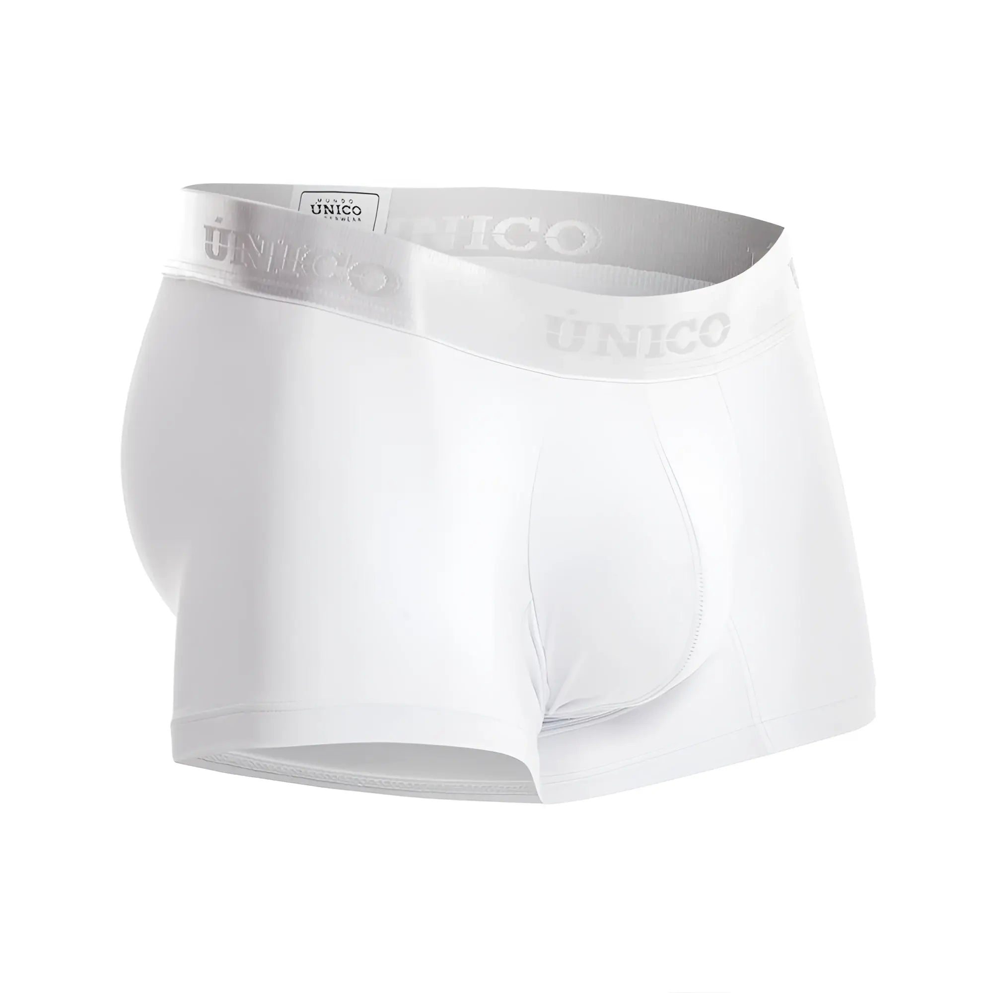 White unico men’s briefs with a silver logo band in the cristalino a22 trunks color 00 white design