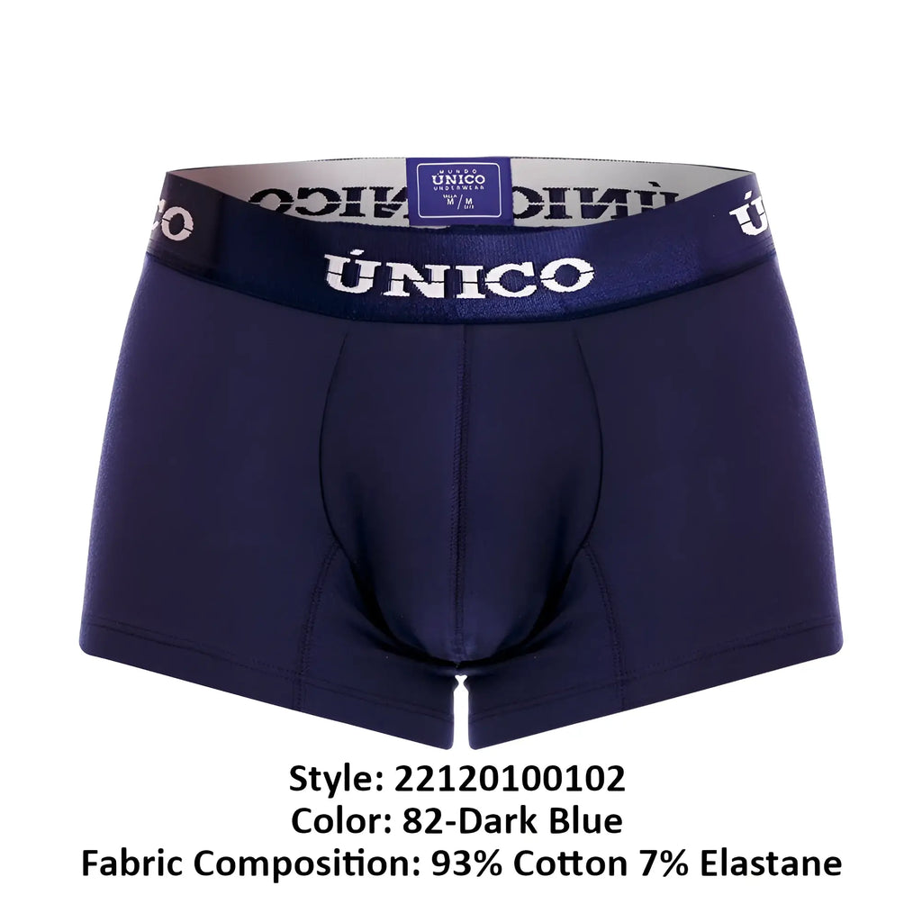 Dark blue unico men’s boxer briefs with matching elastic waistband featuring white brand name lettering