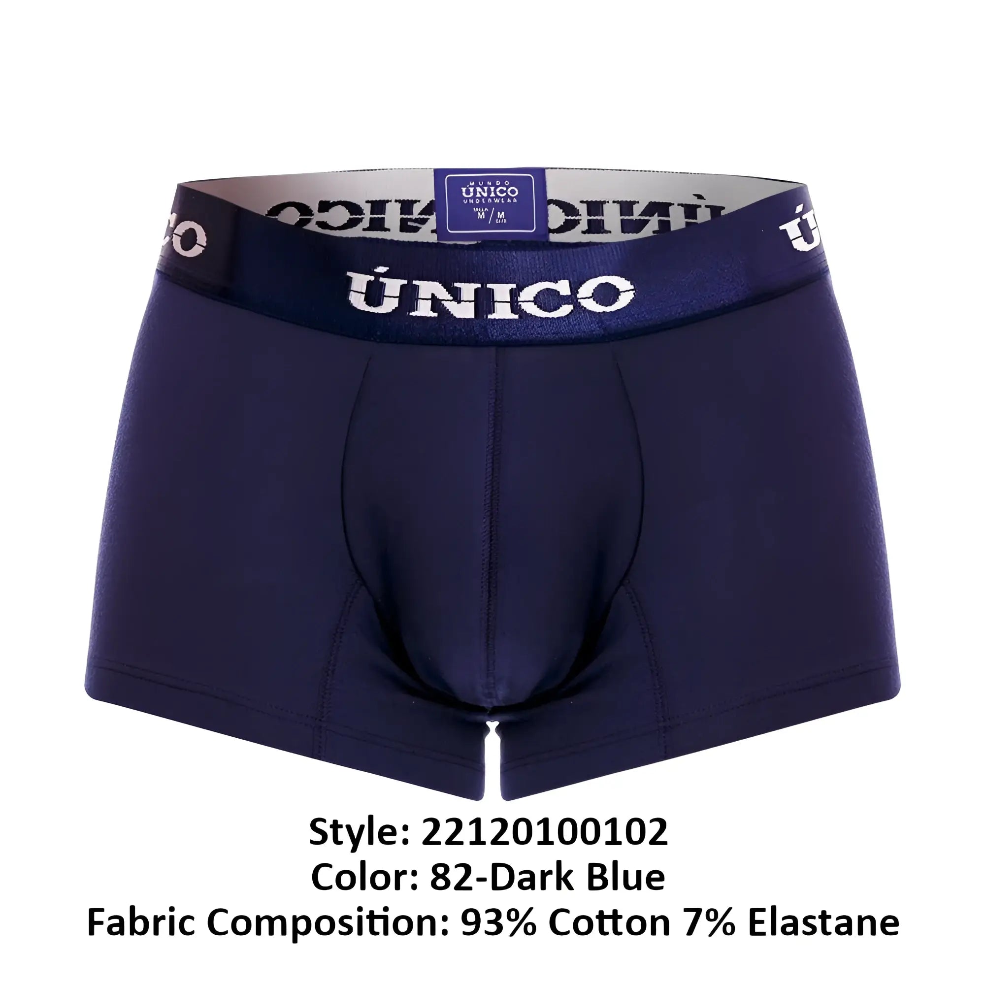 Dark blue unico men’s boxer briefs with matching elastic waistband featuring white brand name lettering
