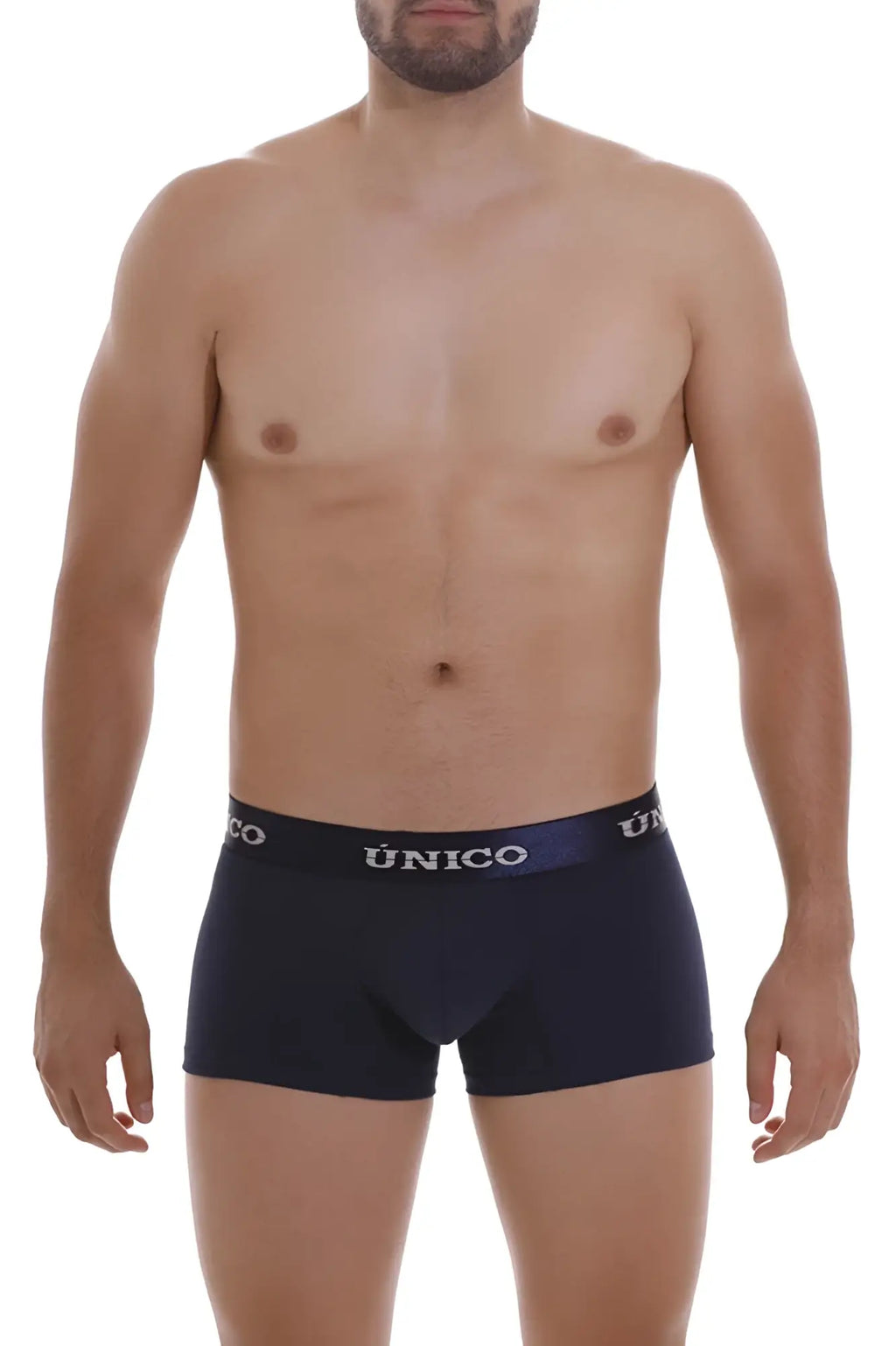 Navy blue unico 22120100102 profundo a22 trunks with white and dark purple elastic waistband featuring unico branding