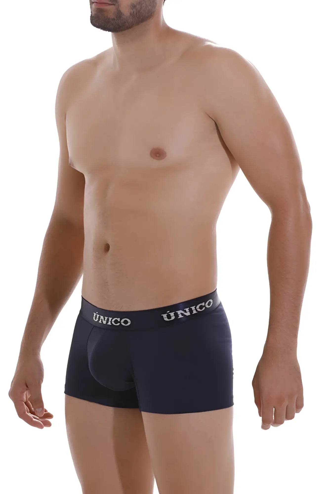 Dark navy blue unico 22120100102 profundo a22 trunks briefs with white unico logo band in front view