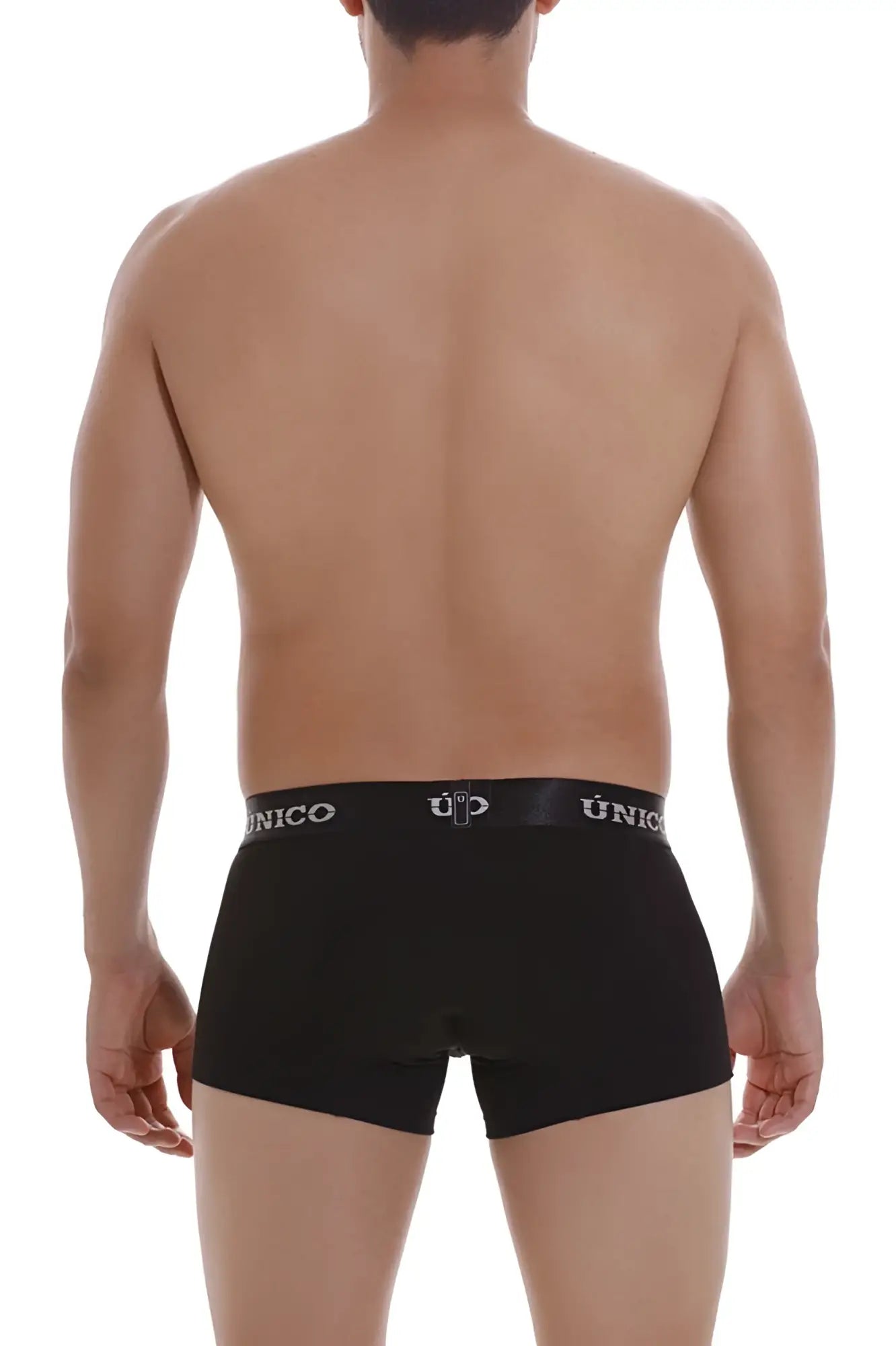 Black unico boxer briefs with white logo waistband designed for comfort and style in intense performance use