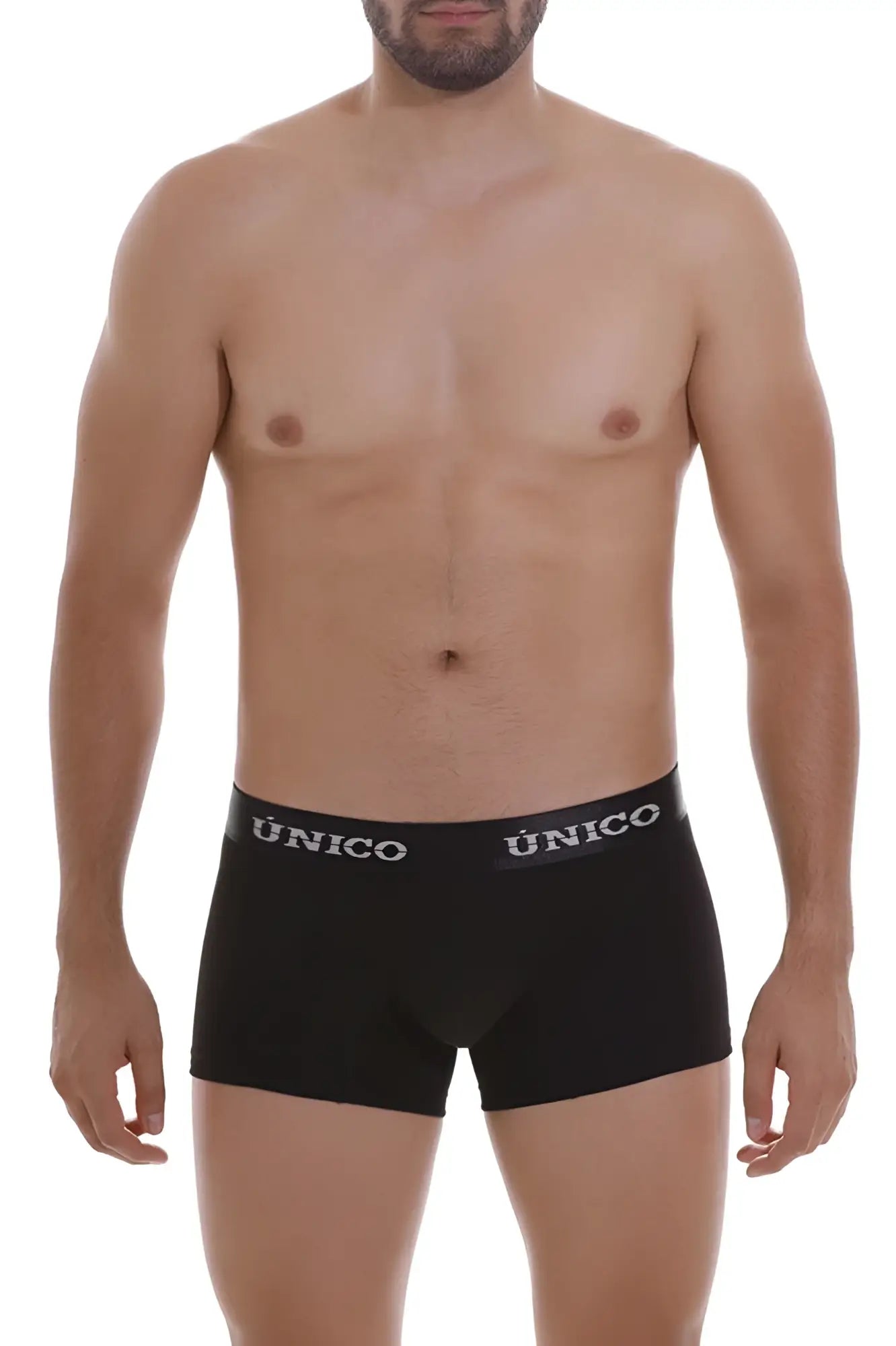 Black unico boxer briefs with a contrasting white logo band designed for comfort and style in intense black color