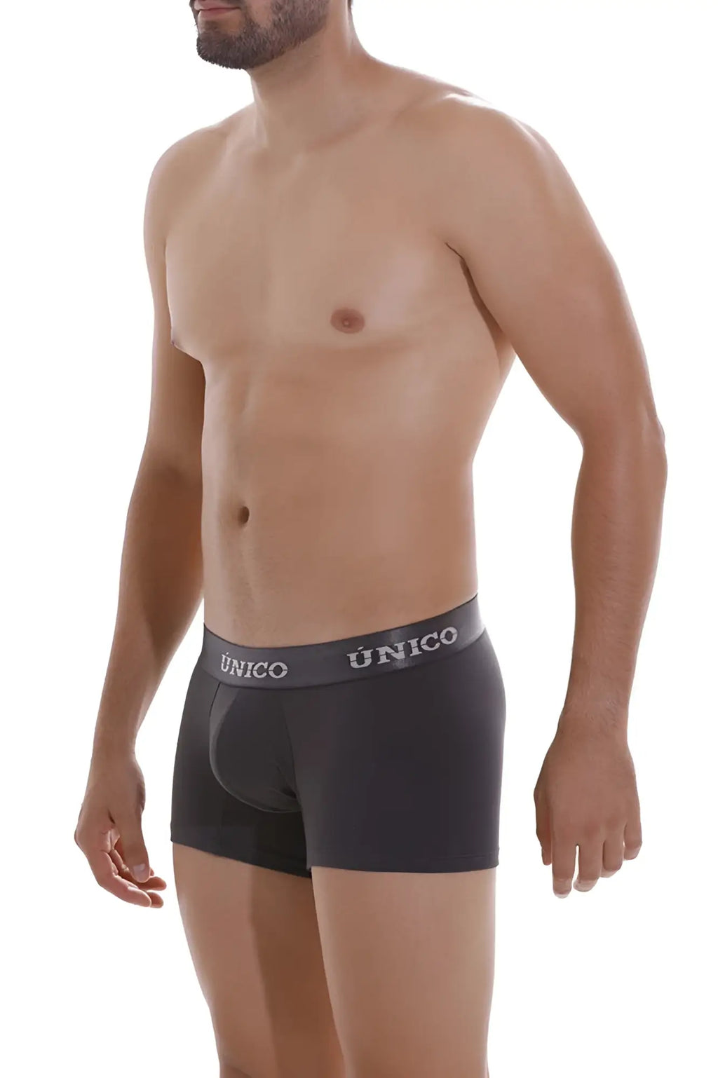 Black unico boxer briefs with gray waistband and white brand name in dark gray color for comfortable everyday wear