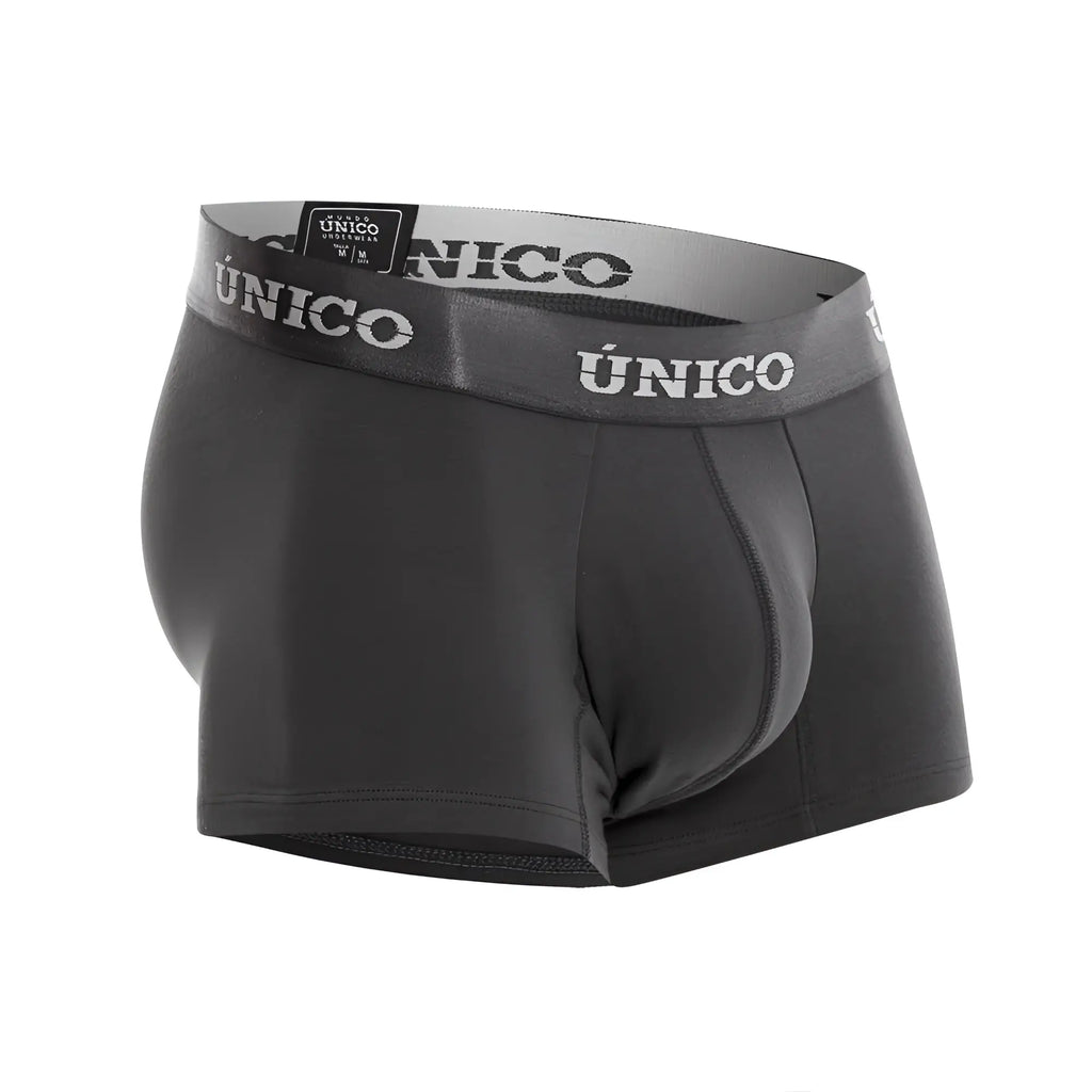 Black unico men’s boxer briefs with gray waistband and white unico branding in dark gray color trunks style