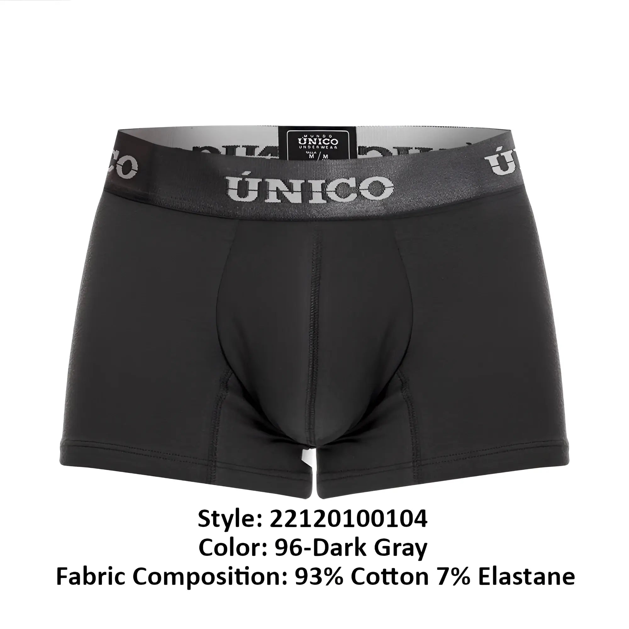 Black unico men’s boxer briefs with gray waistband and white brand name asfalto a22 trunks color 96 dark gray