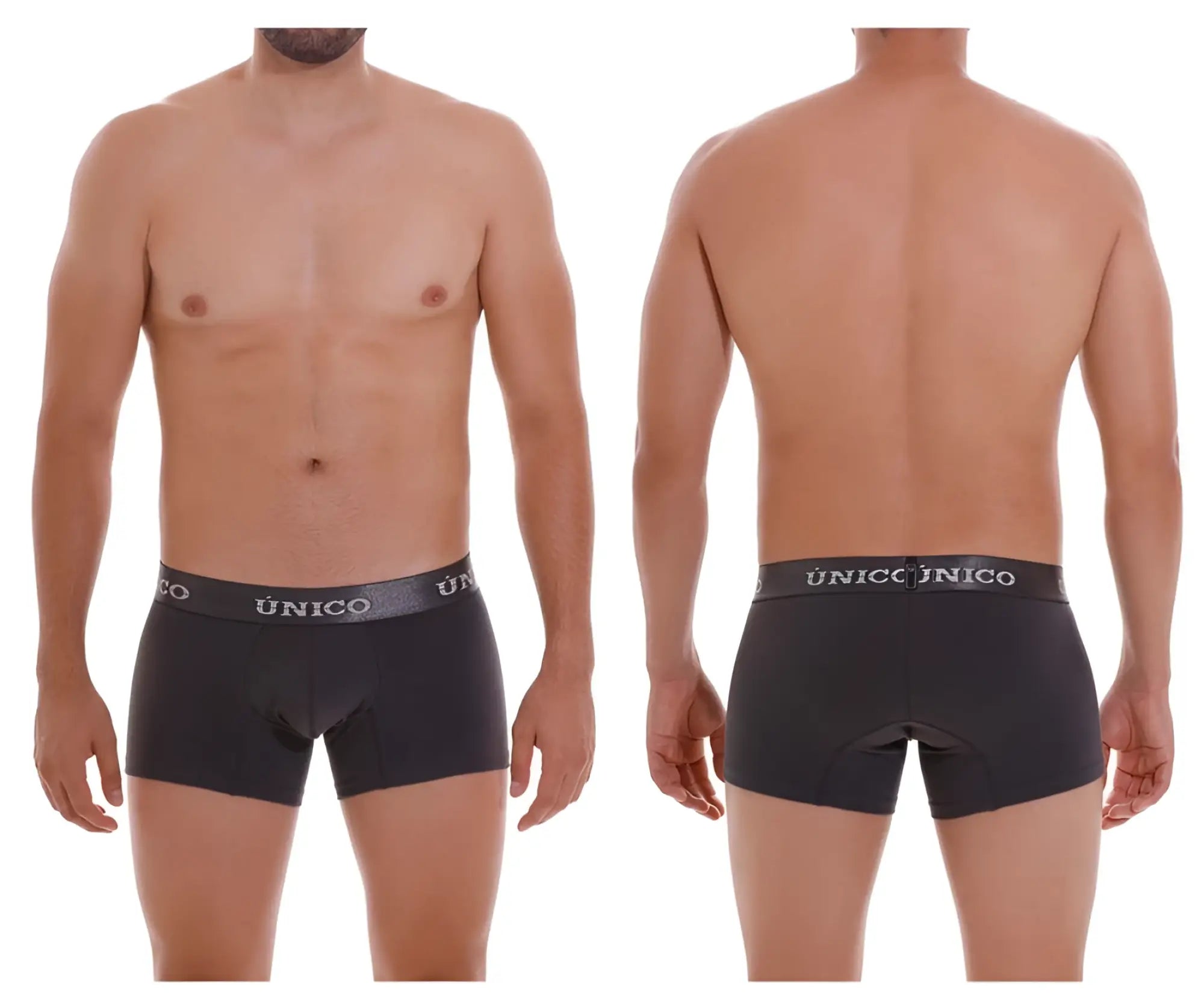 Black unico men’s briefs with gray elastic waistband featuring blanco brand name in white lettering