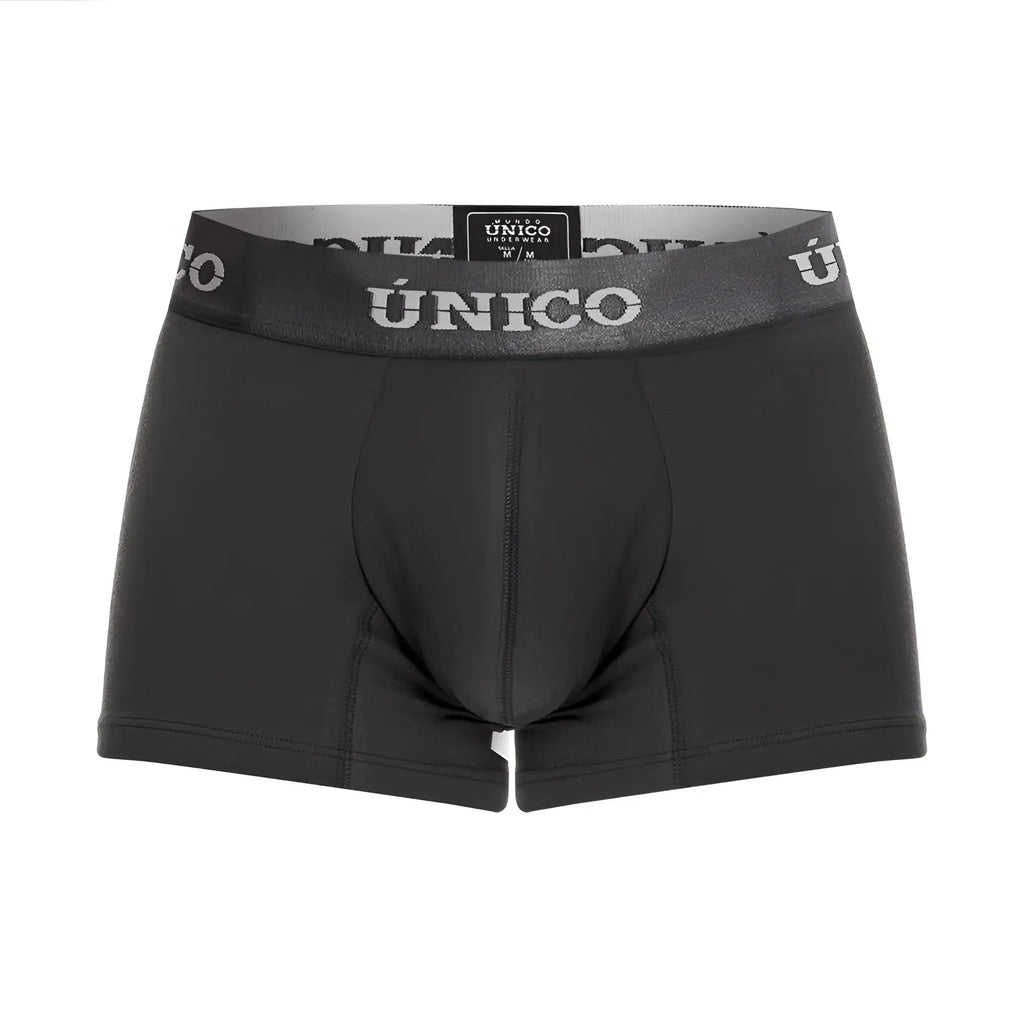 Black mens briefs with gray waistband featuring unico brand name in white dark gray trunks unico 22120100104 asfalto a22