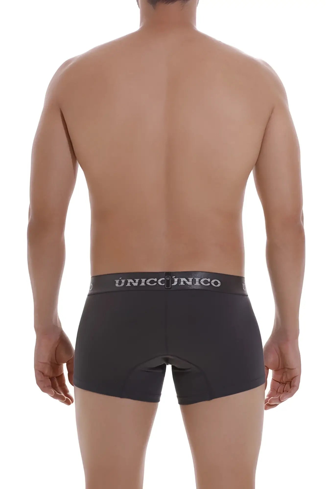Black unico boxer briefs with gray waistband featuring white brand name and comfortable fabric color 96-dark gray