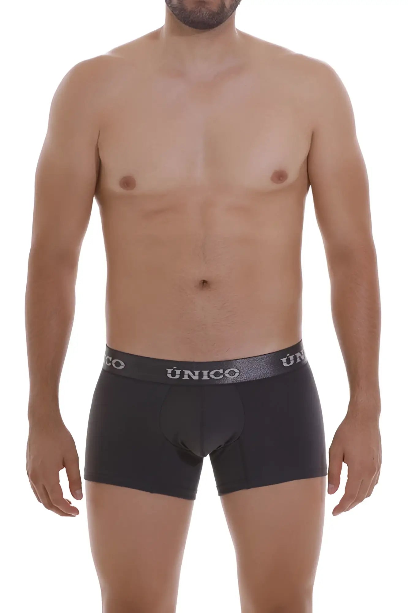 Black briefs with gray waistband featuring unico brand name in white from unico 22120100104 asfalto a22 trunks color 96 dark gray