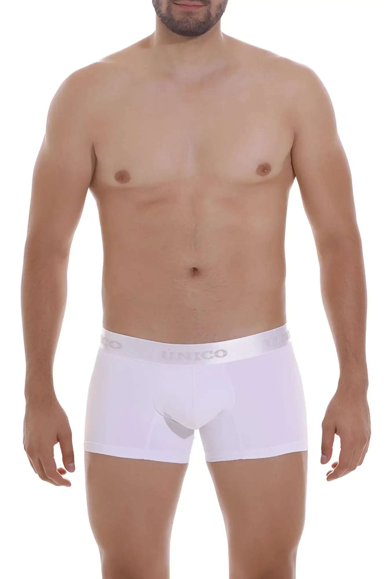 White unico boxer briefs with subtle elastic waistband featuring gray brand name lettering in cristalino m22 trunks design